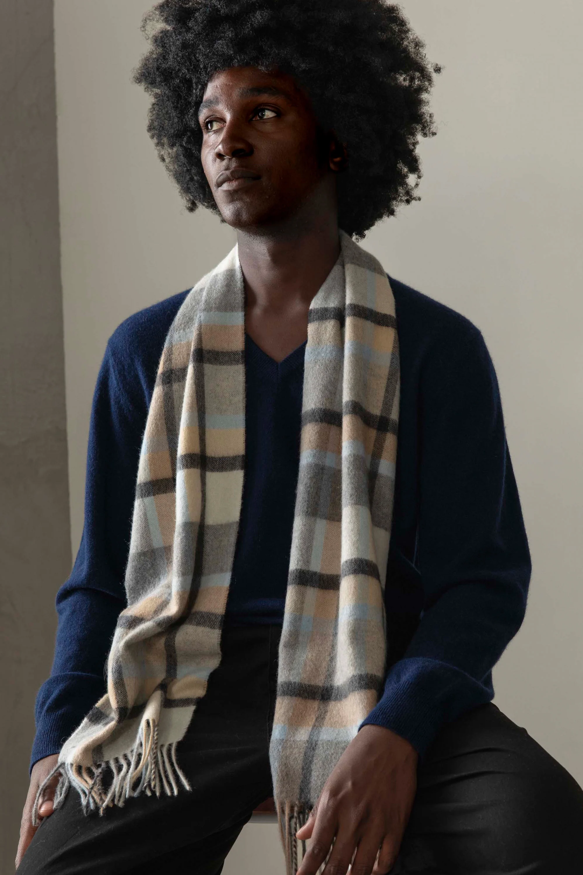 Made In Scotland Princeton Check Cashmere Scarf - Blue - Image 2