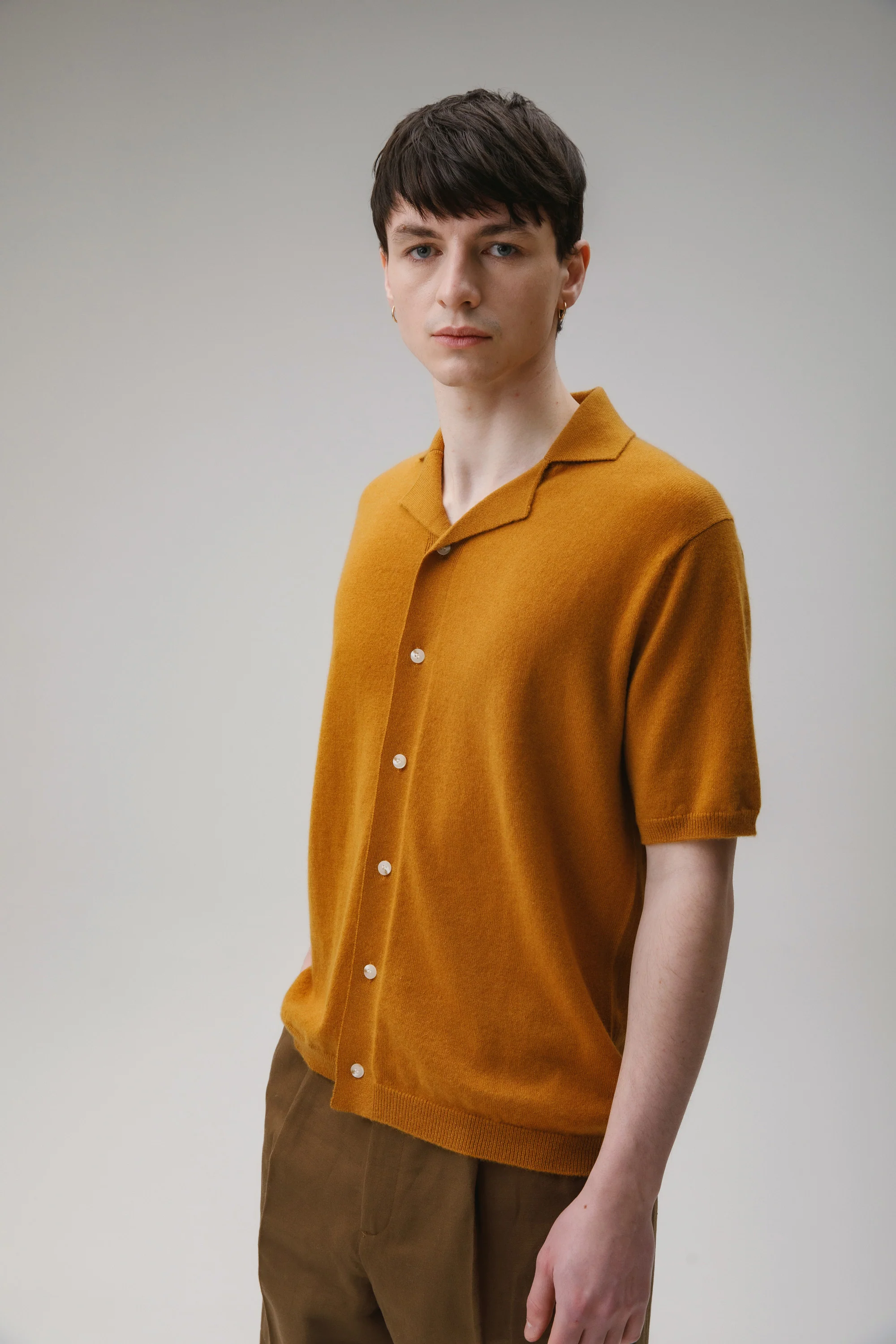 Button Through Cashmere Polo Shirt - Amber Haze - Image 2