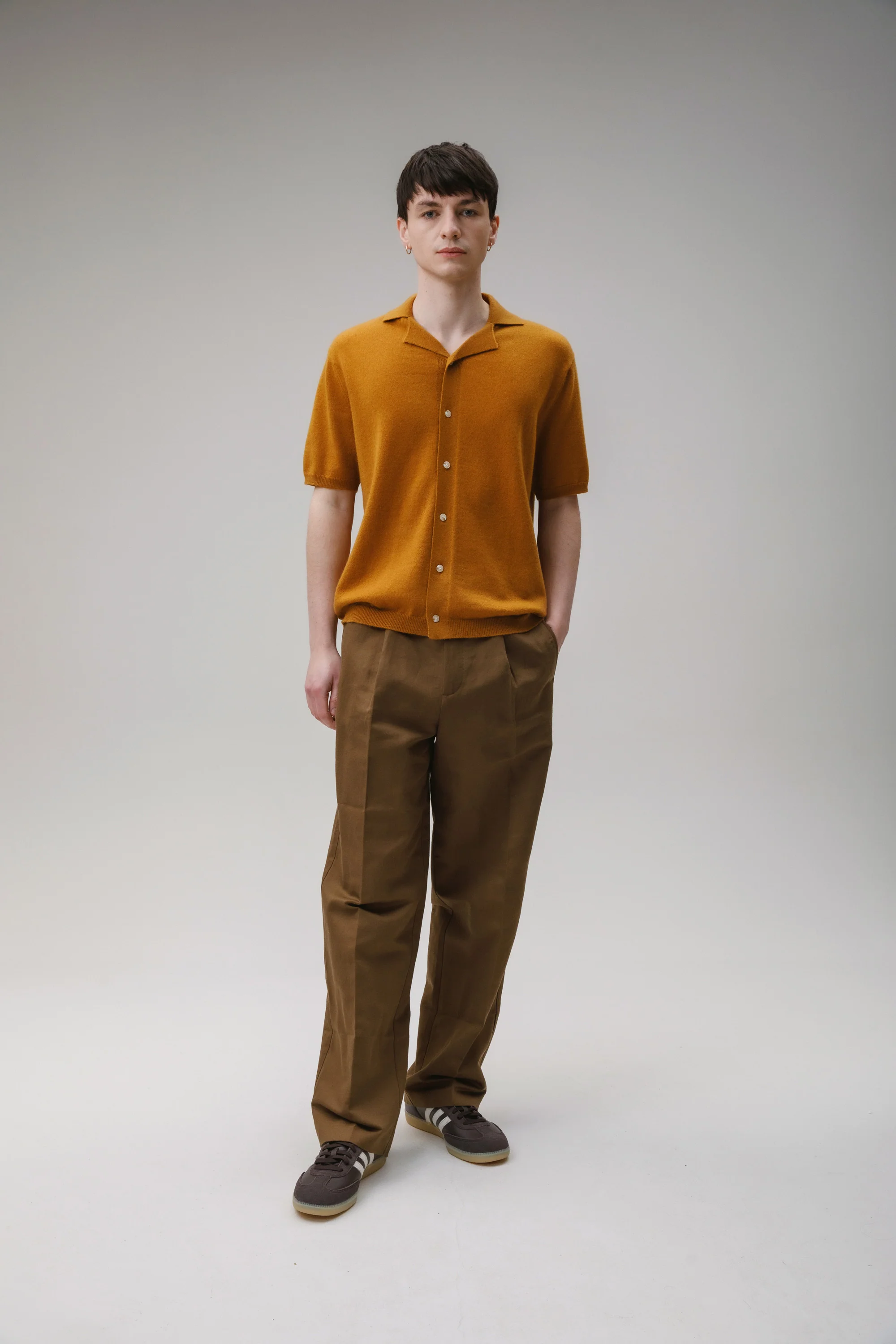 Button Through Cashmere Polo Shirt - Amber Haze - Image 3