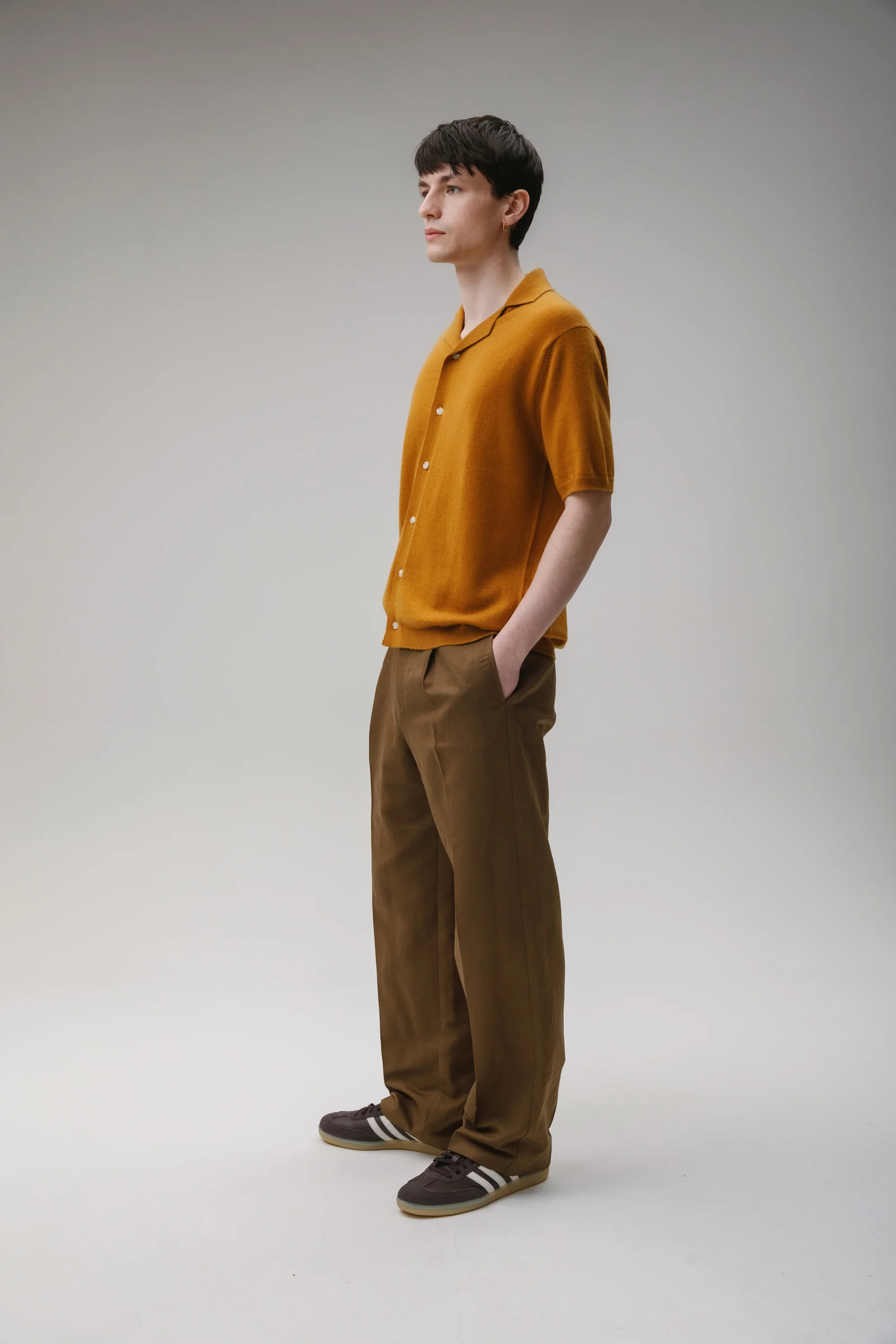 Button Through Cashmere Polo Shirt - Amber Haze - Image 4