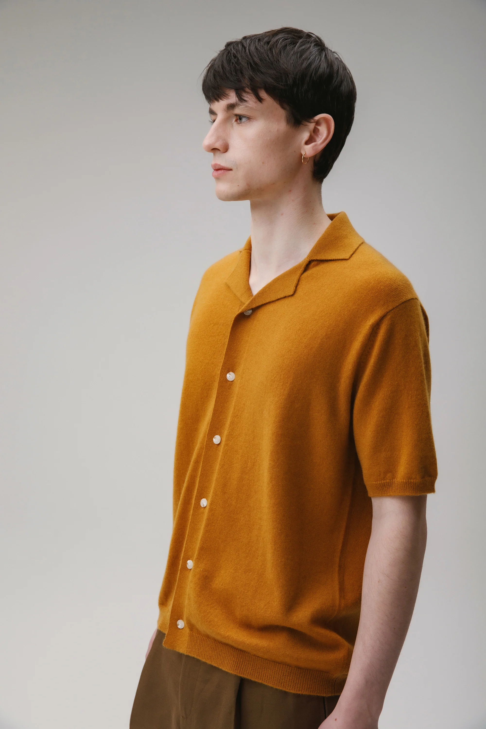 Button Through Cashmere Polo Shirt - Amber Haze - Image 6