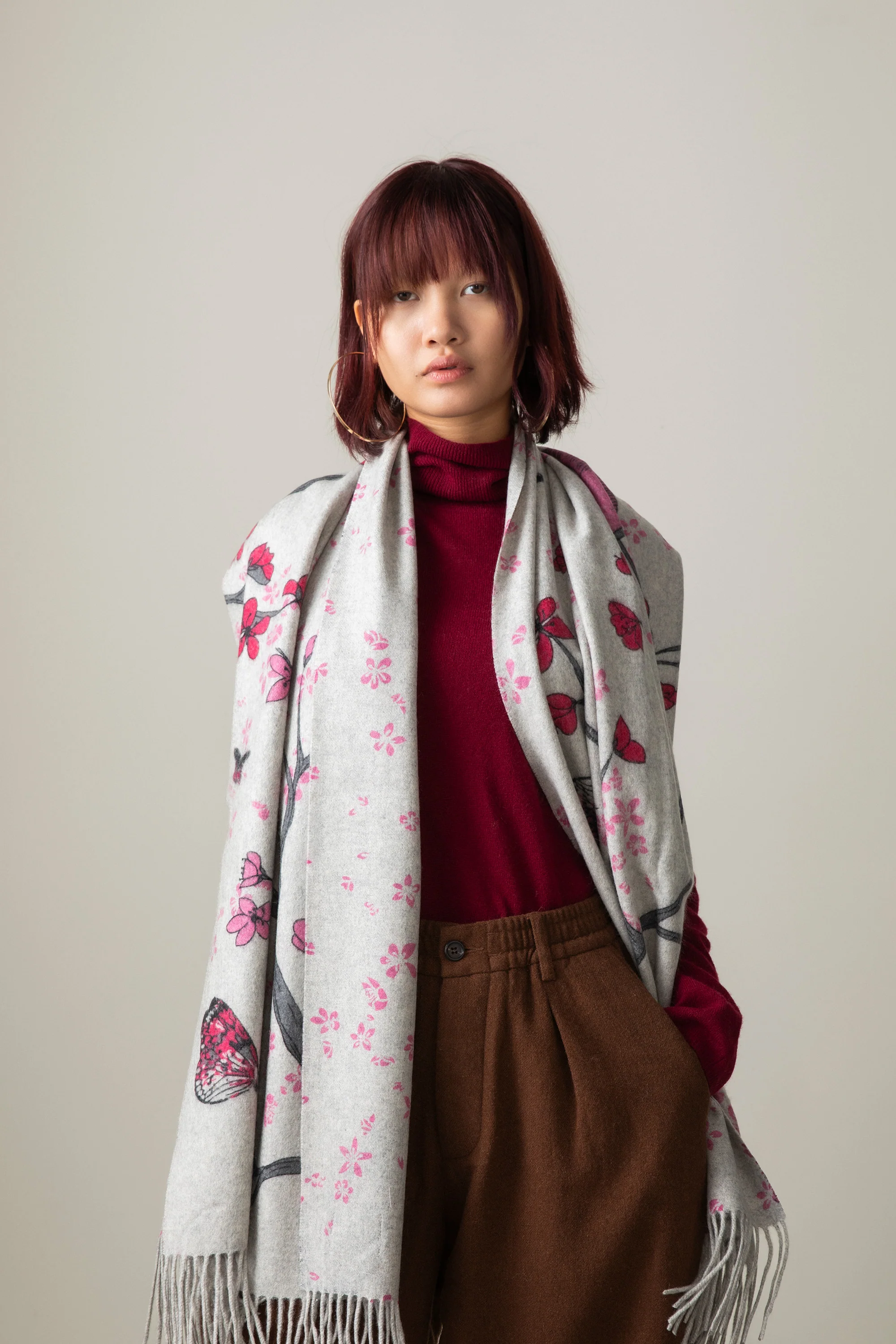 Cherry Blosson Cashmere Double Sided Stole - Grey - Image 2