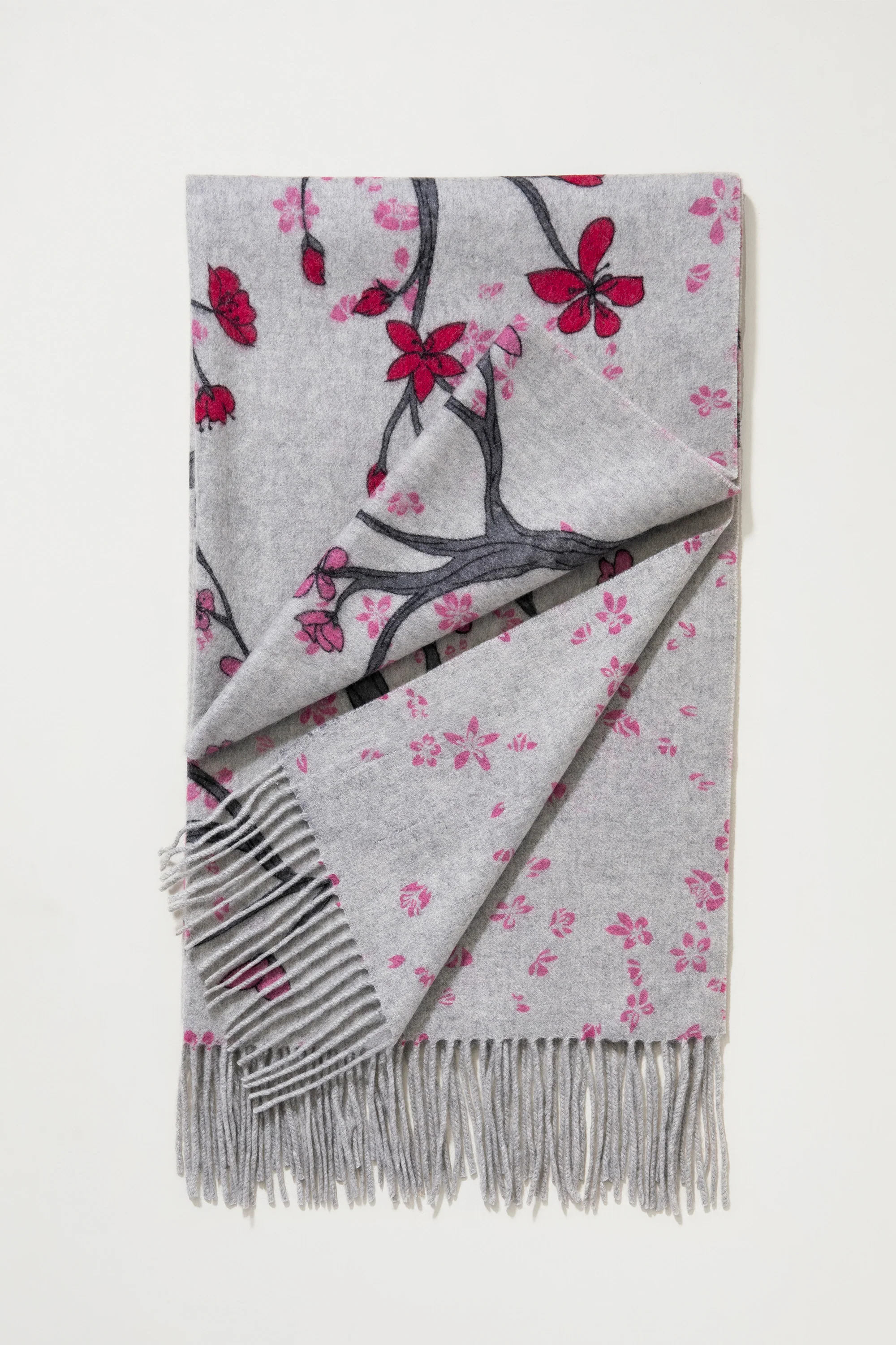 Cherry Blosson Cashmere Double Sided Stole - Grey - Image 3