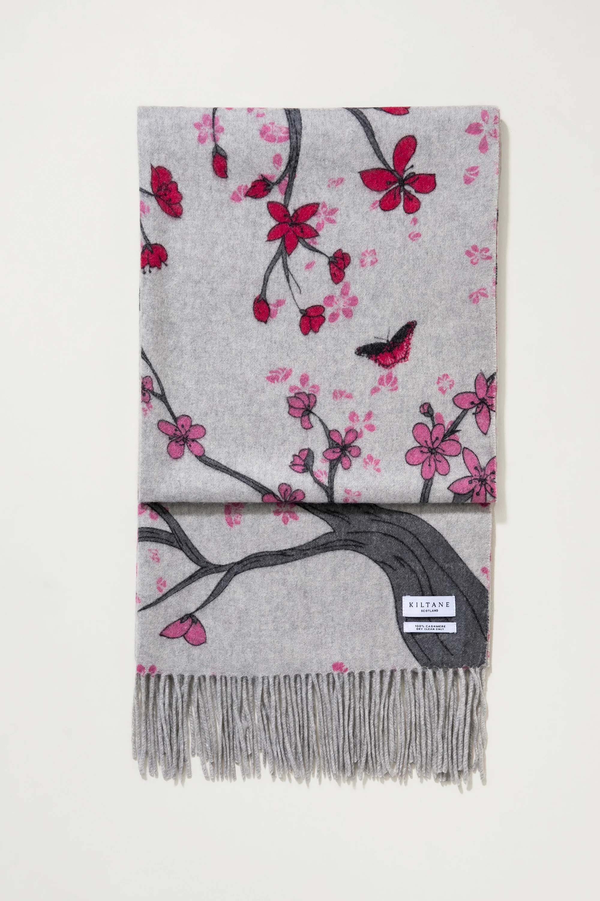 Cherry Blosson Cashmere Double Sided Stole - Grey - Image 4