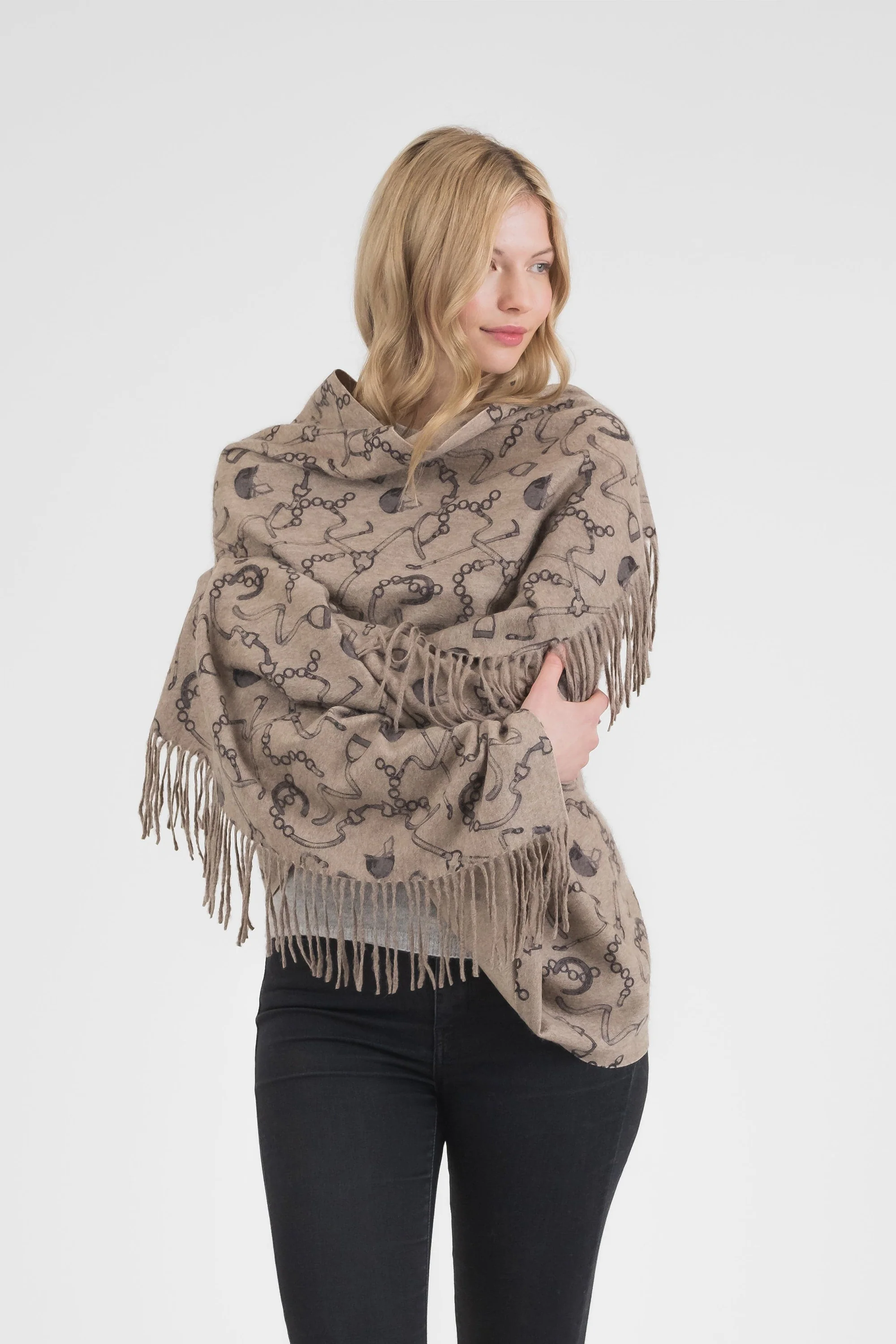 Equestrian Cashmere Double Sided Stole - Beige - Image 2