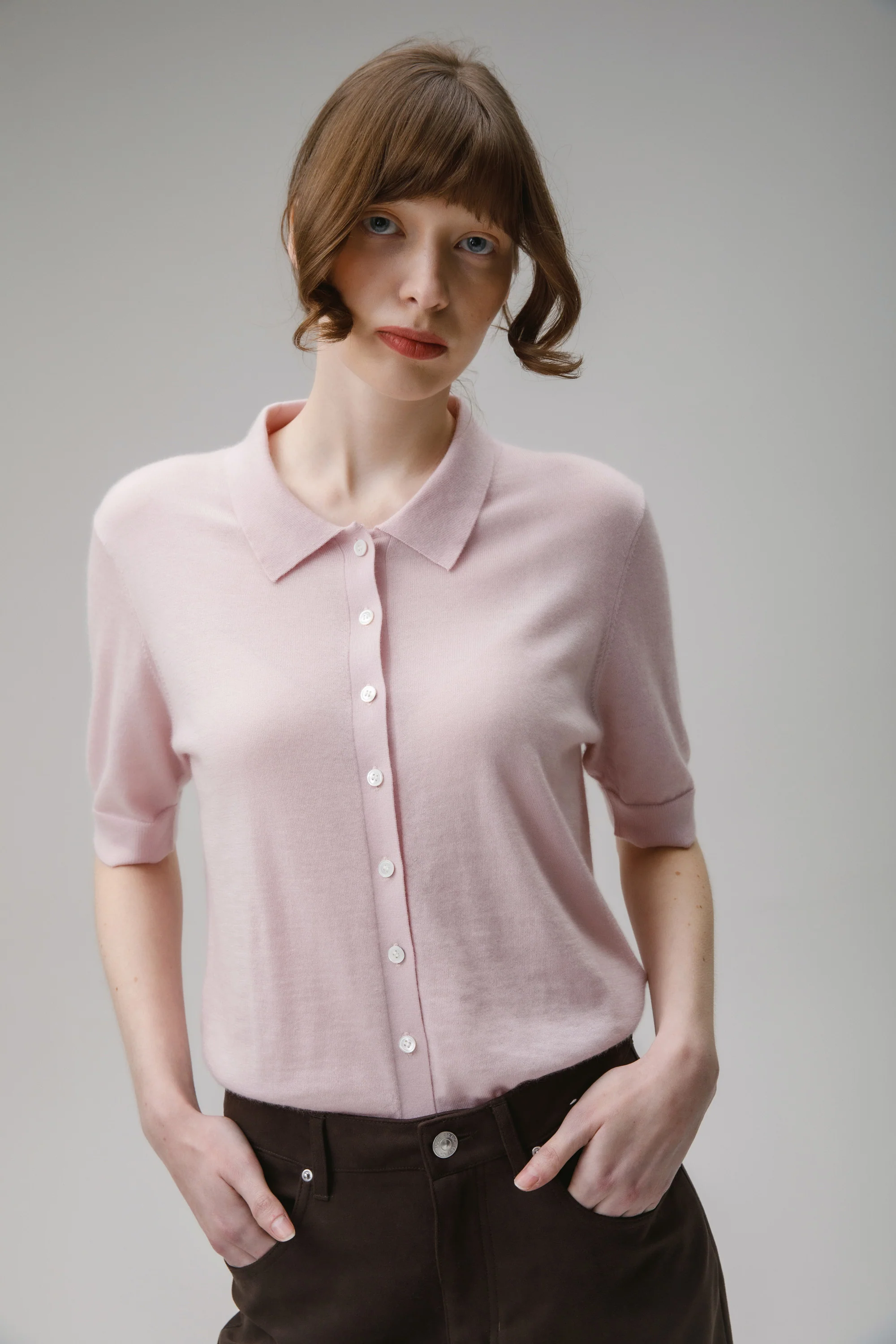 Cashmere Polo Cardigan - Soft Pink - Image 3