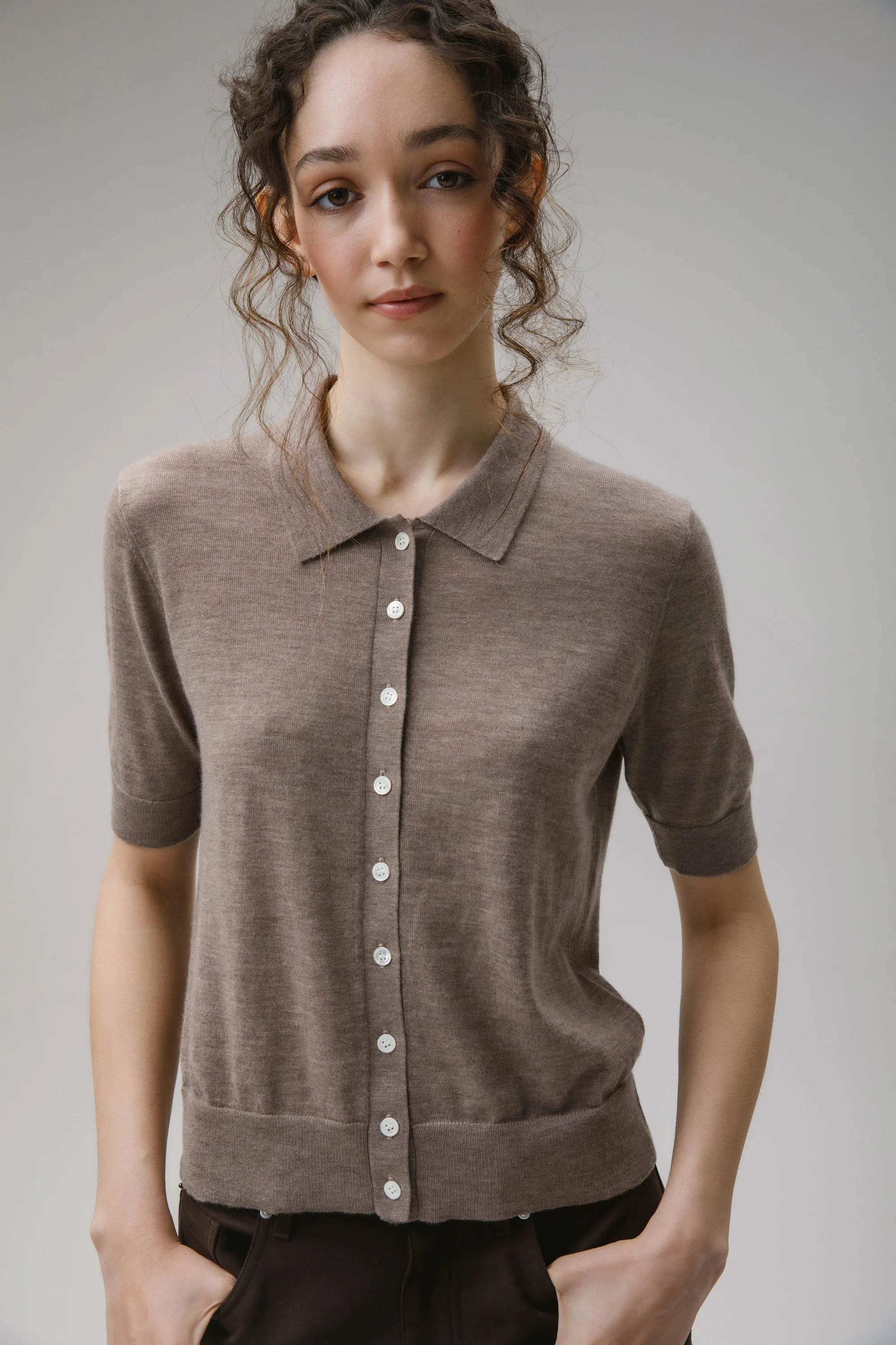Cashmere Polo Cardigan - Taupe - Image 2