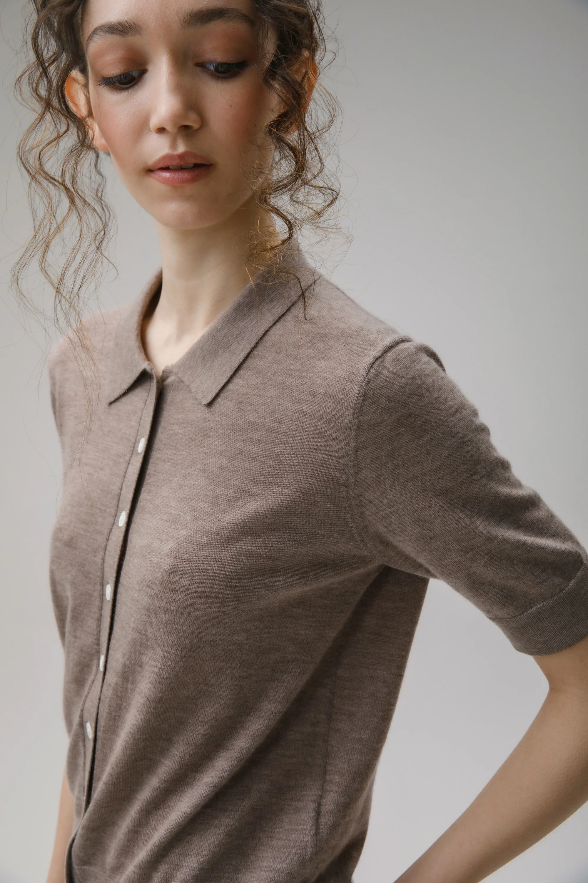 Cashmere Polo Cardigan - Taupe - Image 3
