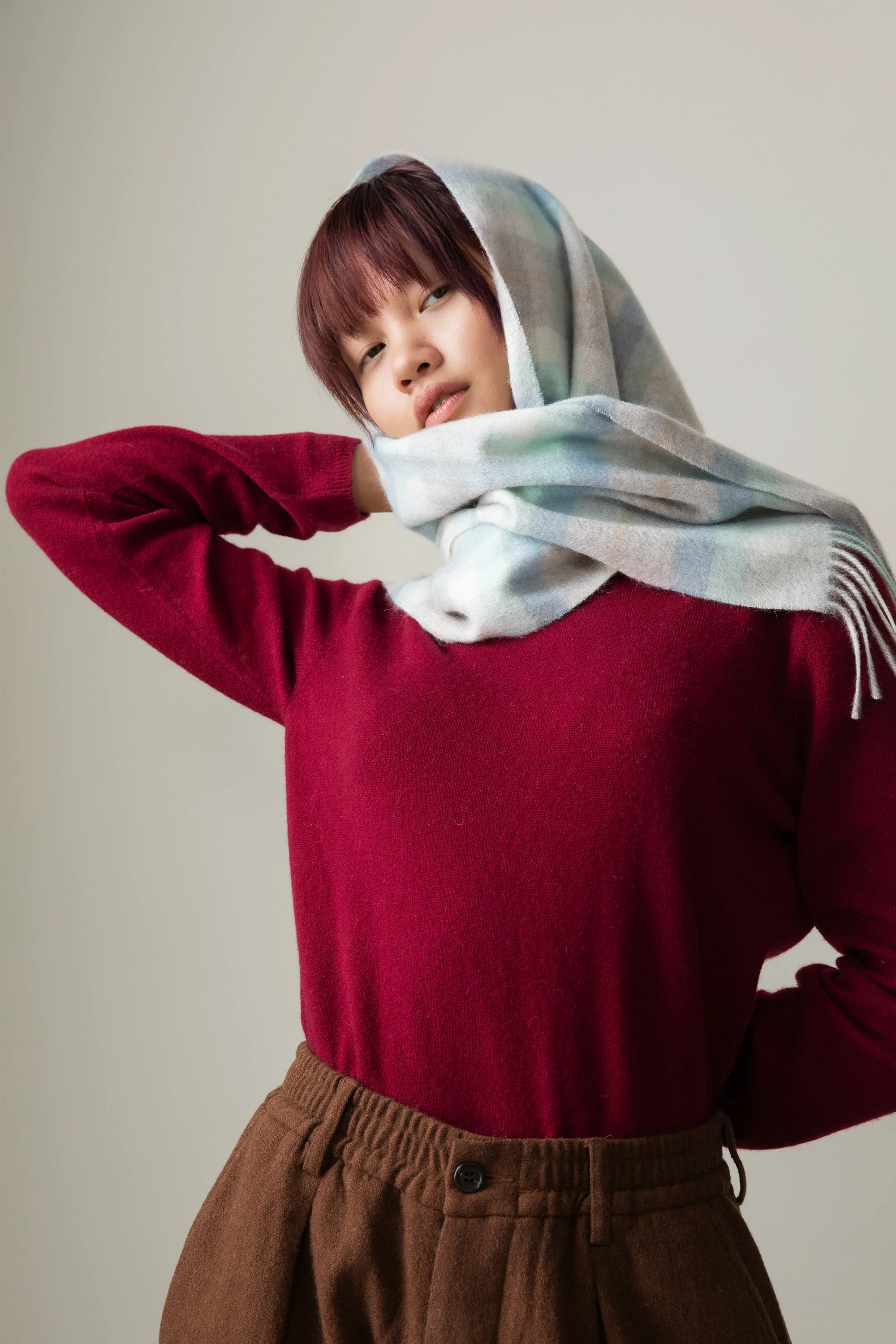 Contemporary Check Cashmere Scarf - Aqua - Image 2