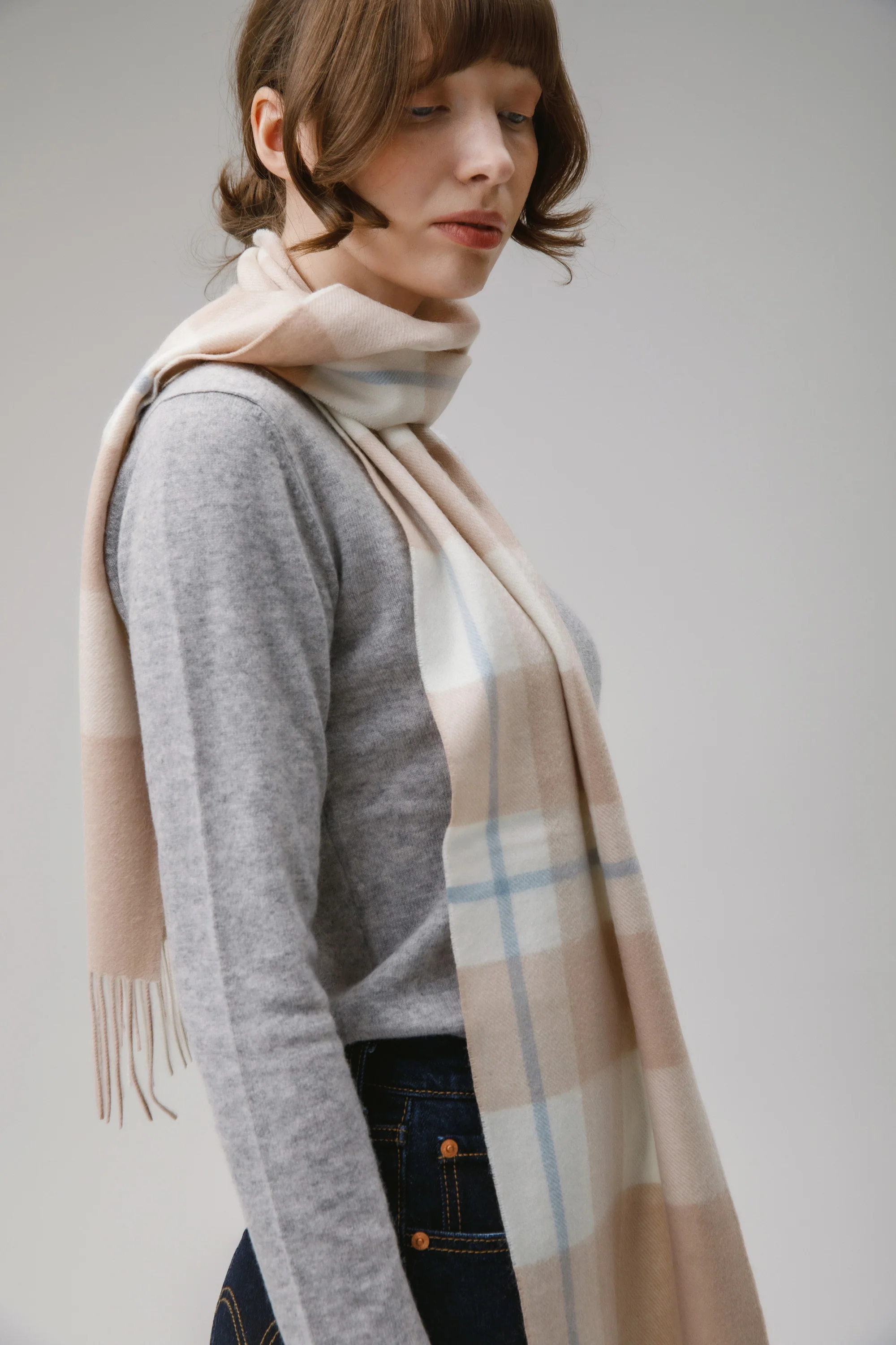 Contemporary Check Cashmere Scarf - Champagne Pink - Image 2