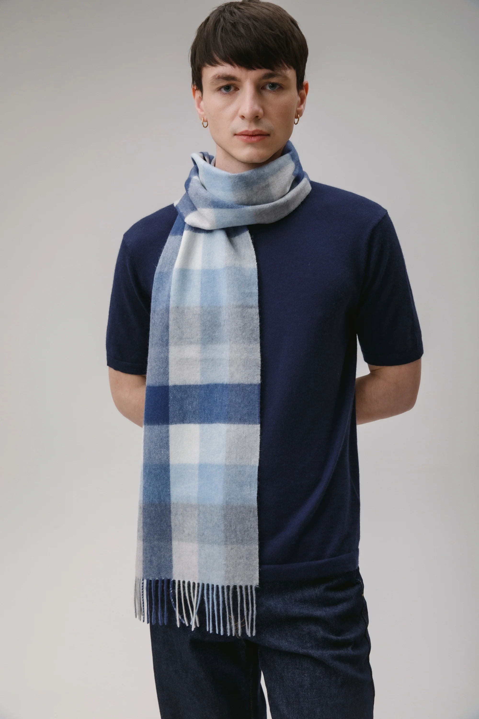 5 Square Check Cashmere Scarf - Glacier