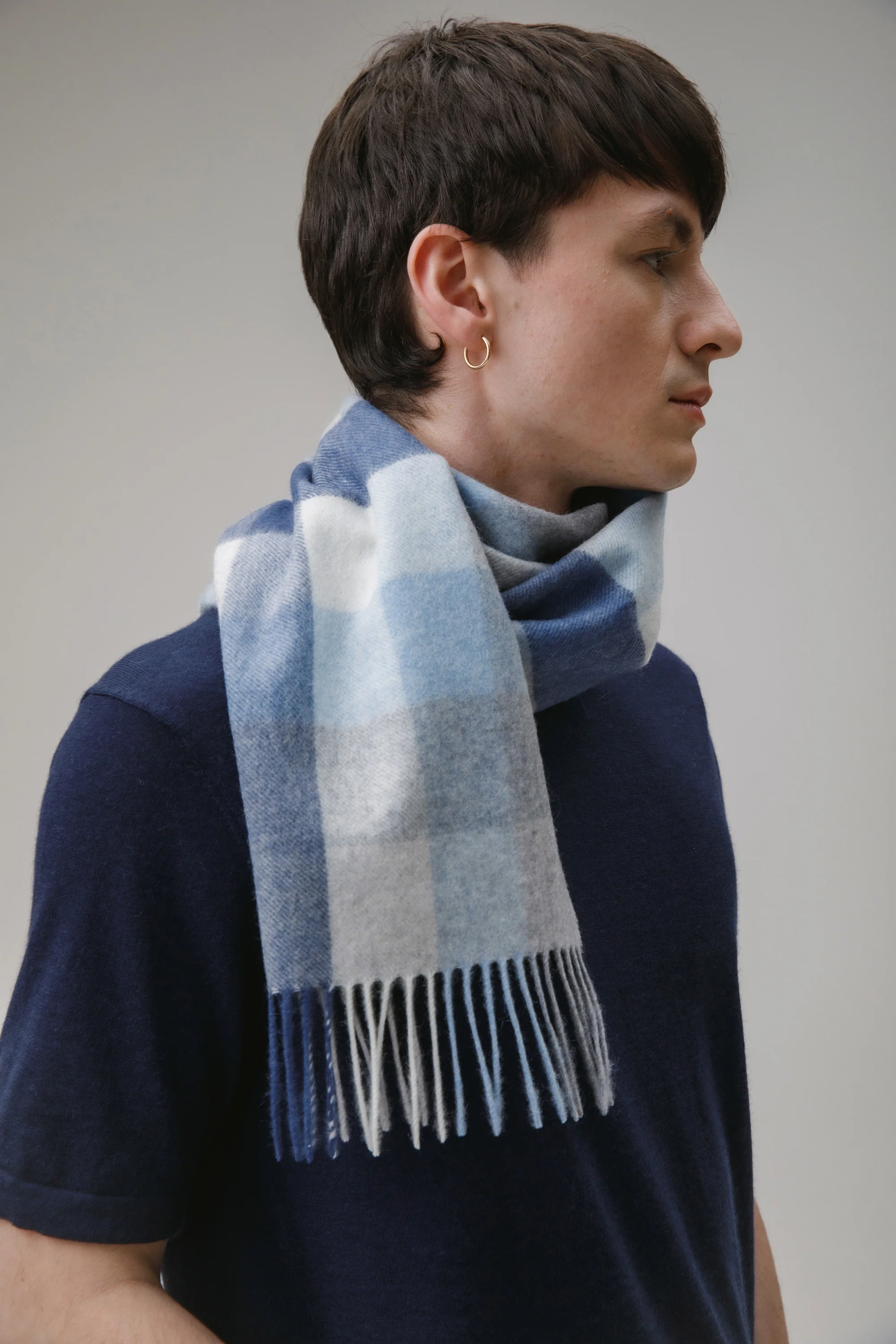 5 Square Check Cashmere Scarf - Glacier - Image 3