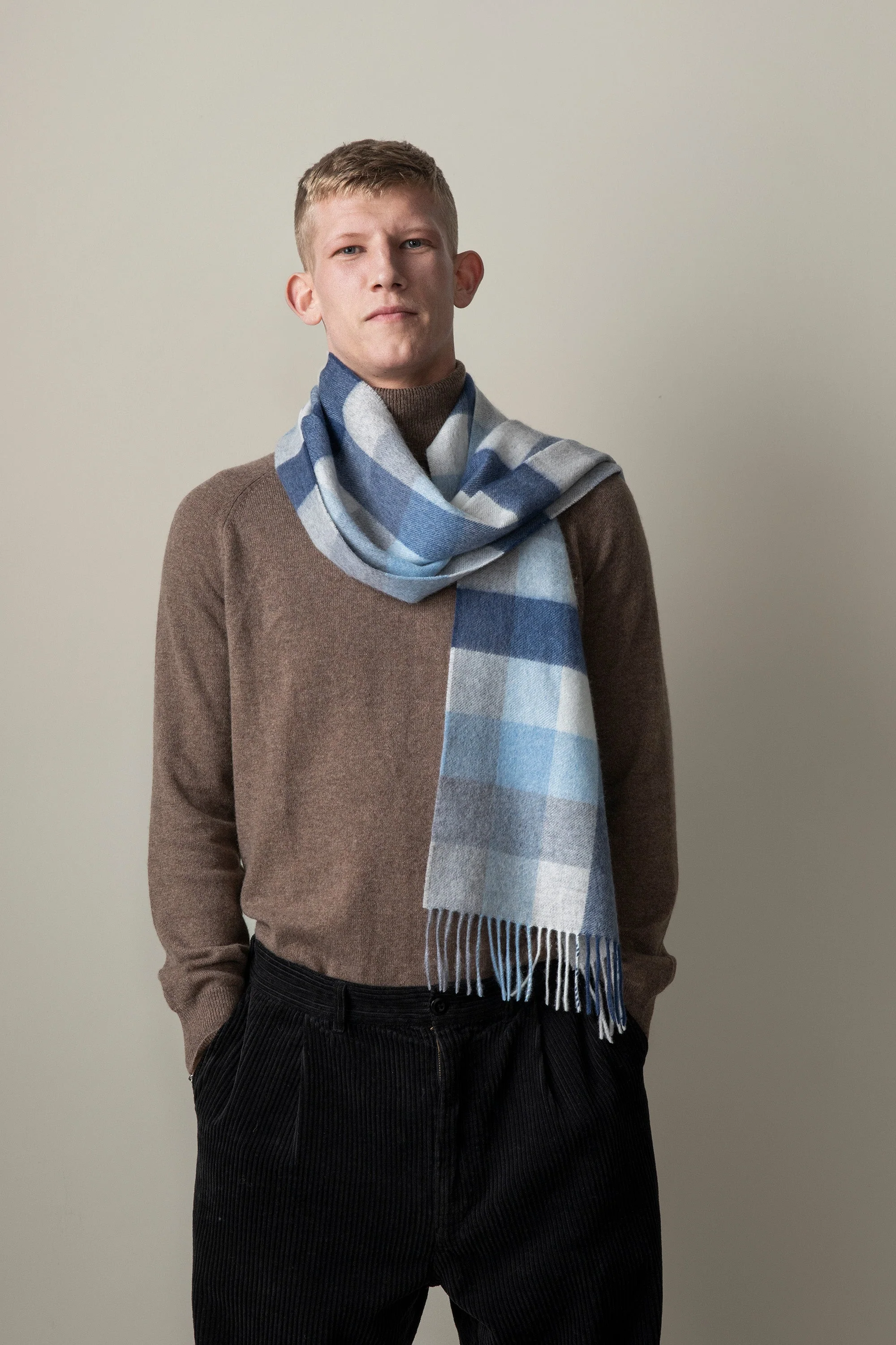 5 Square Check Cashmere Scarf - Glacier - Image 4