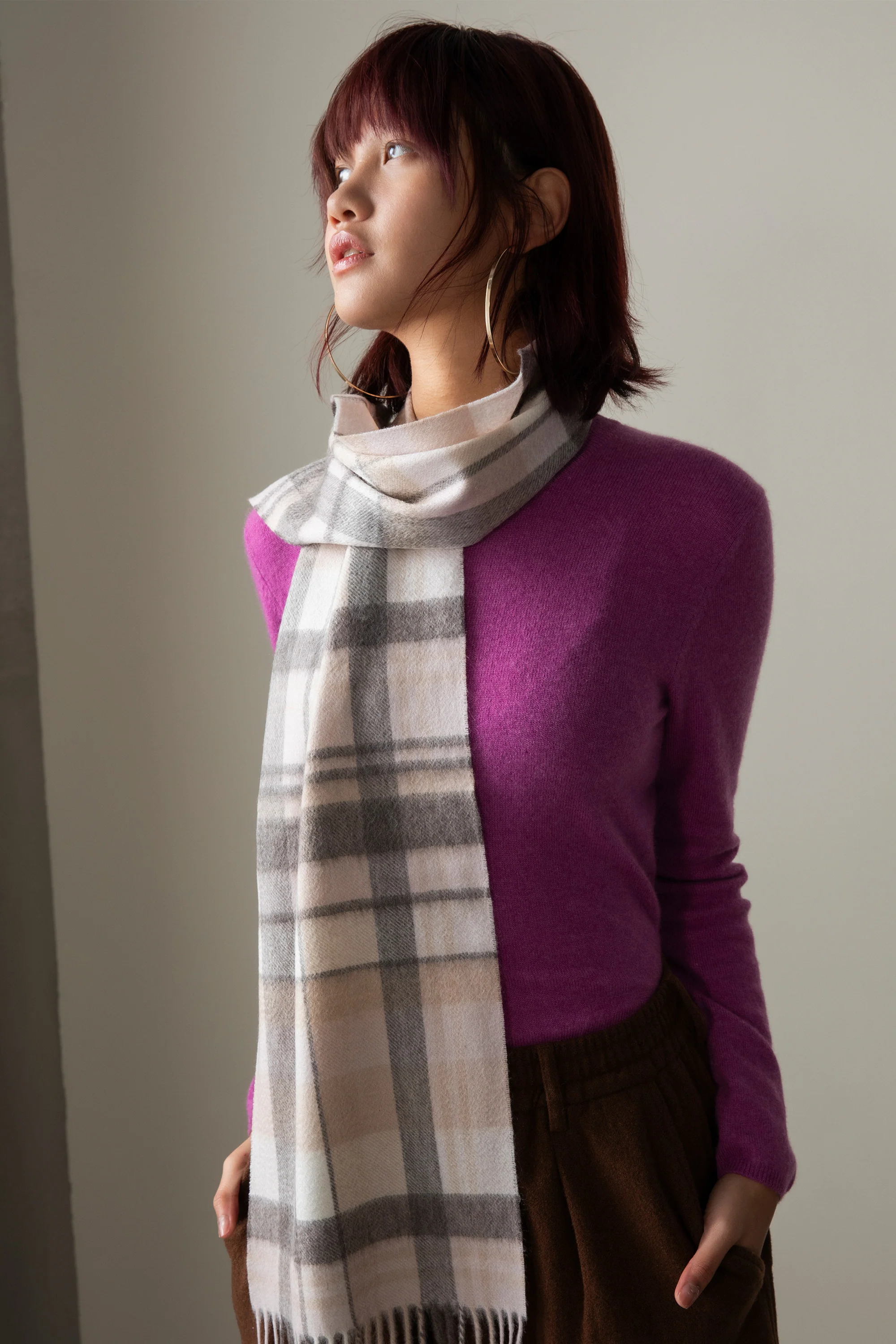 Square Check Cashmere Scarf - Natural - Image 2