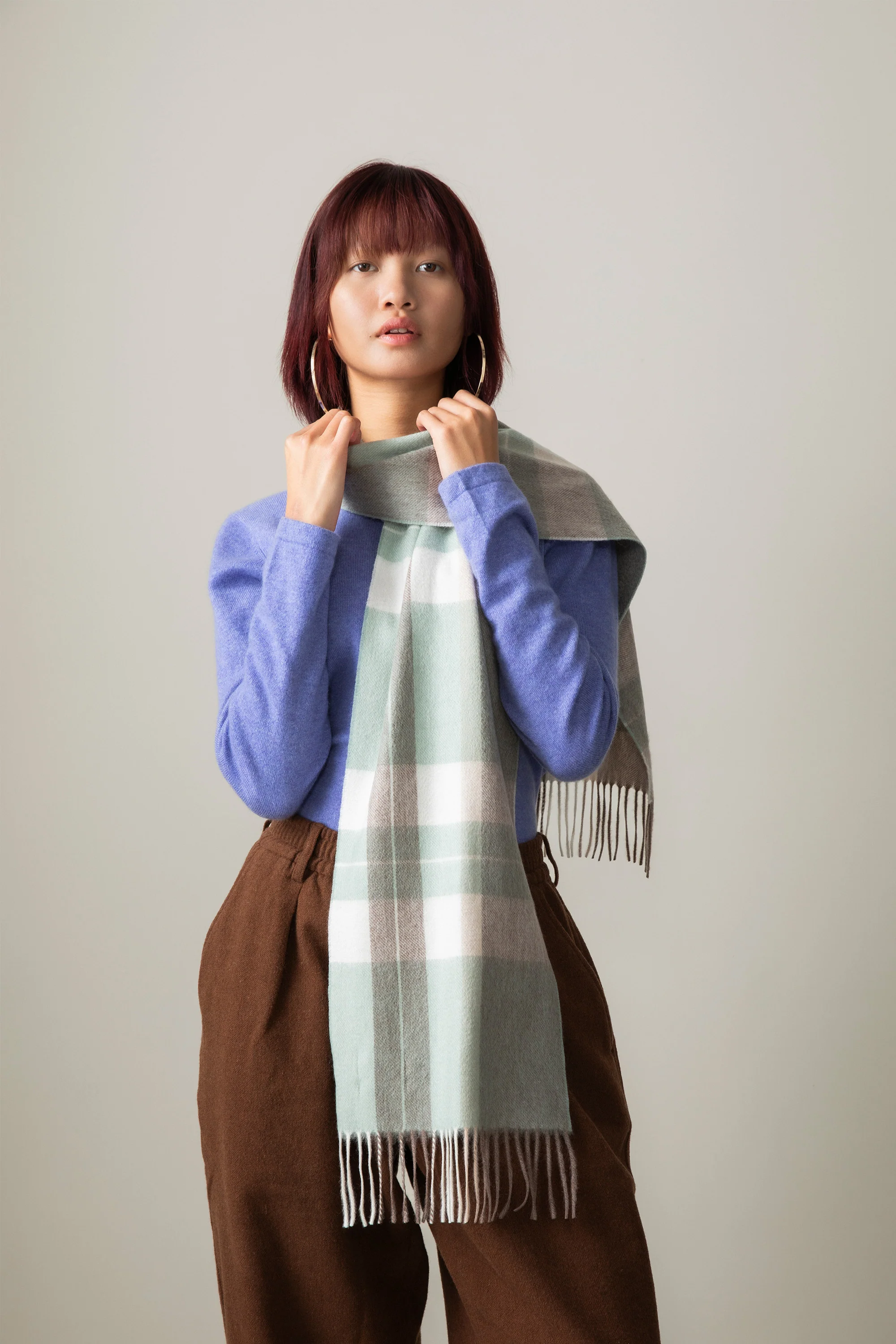 Contemporary Check Cashmere Scarf - Seafoam - Image 2