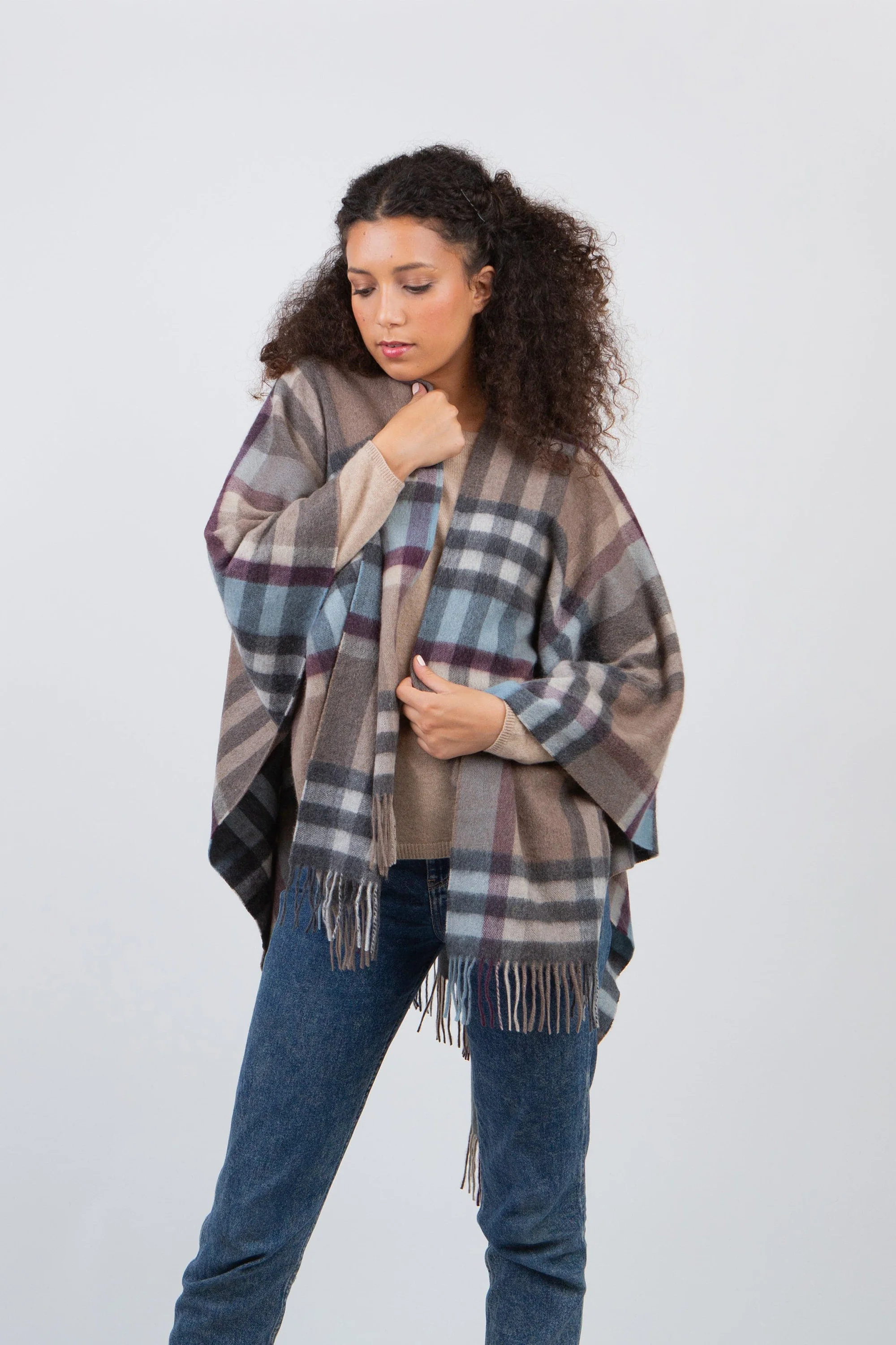 Tartan Cashmere Wrap - Blue Taupe