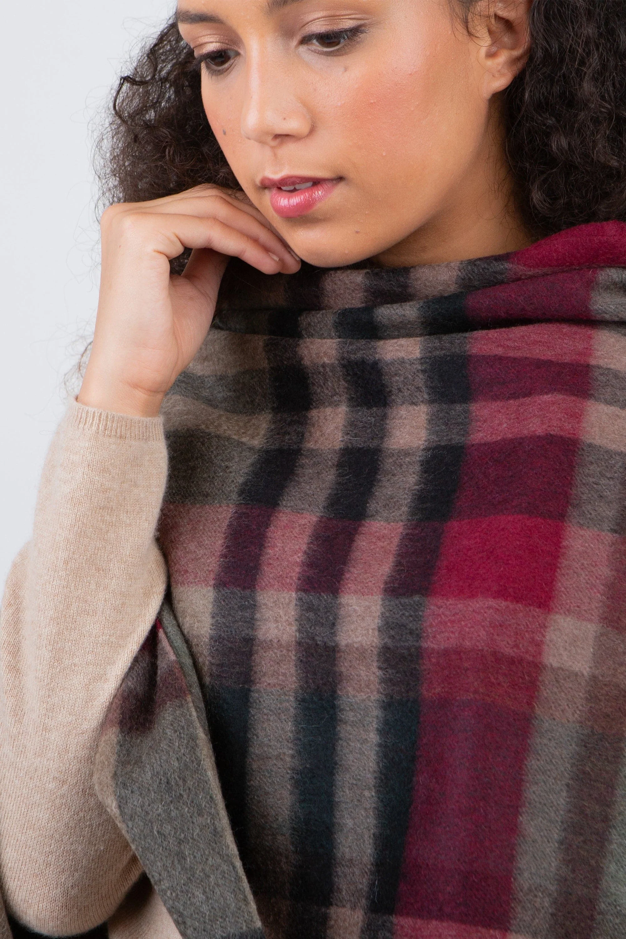 Tartan Cashmere Wrap - Burgundy Rust - Image 3