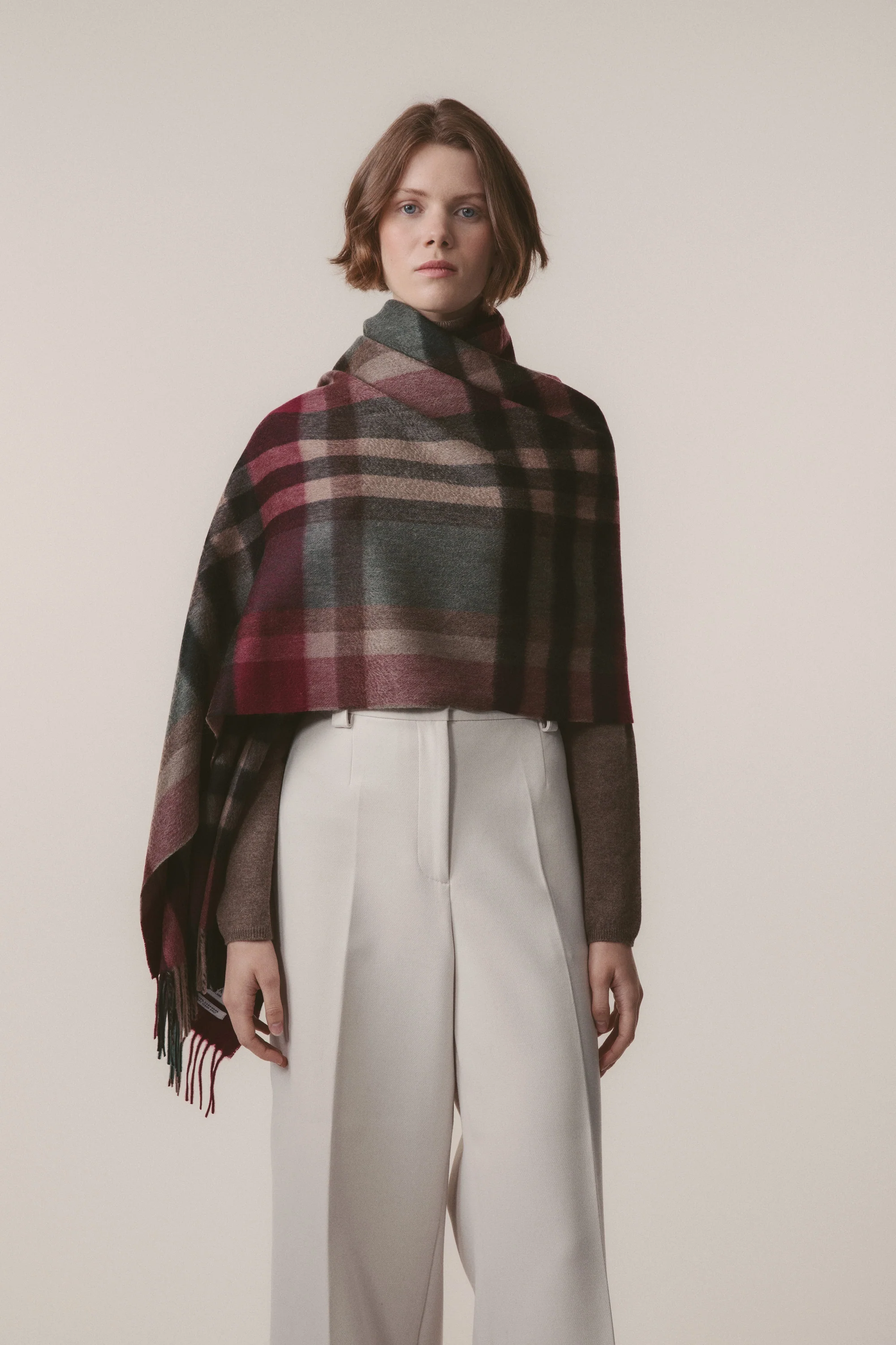 Tartan Cashmere Stole - Burgundy Rust