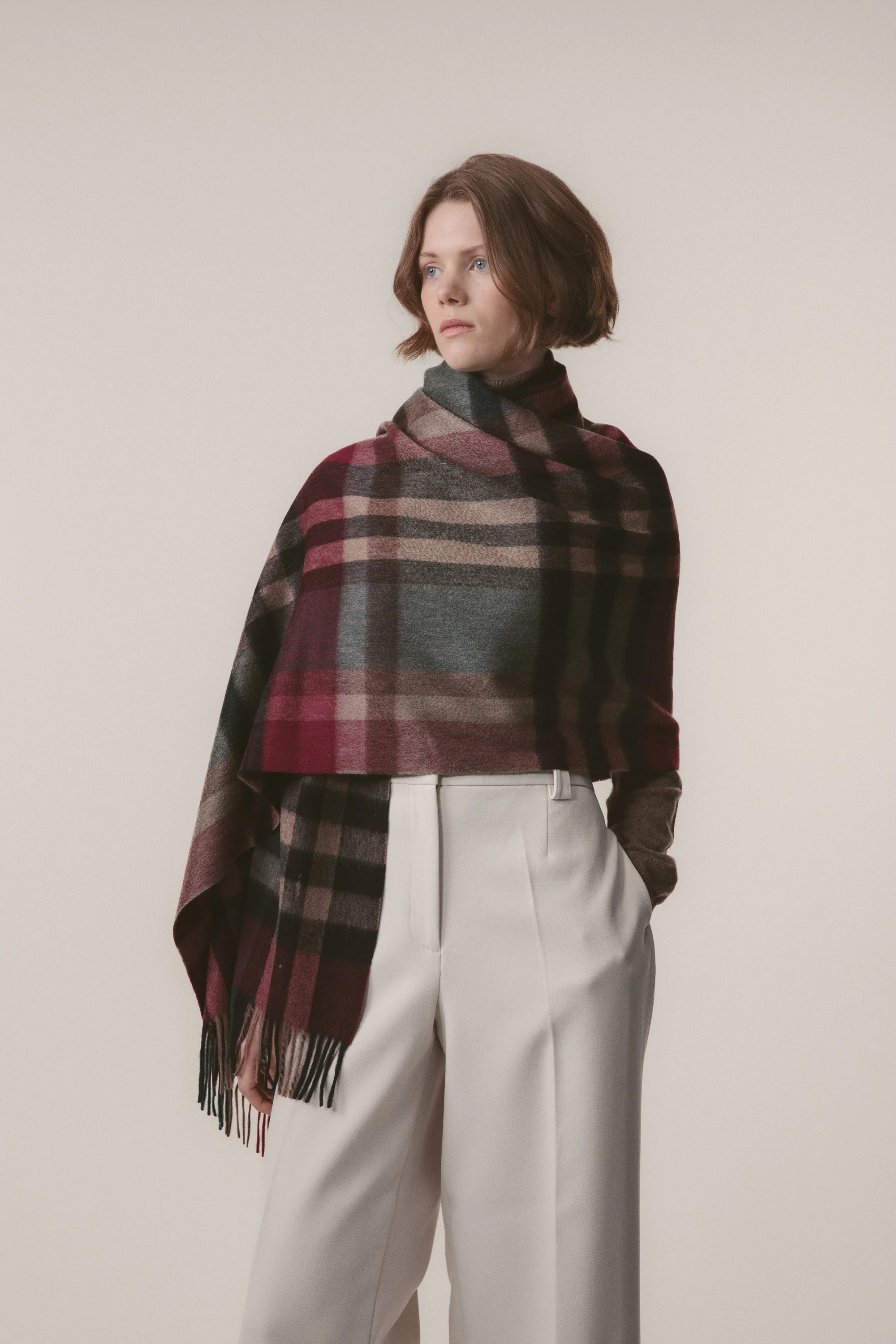 Tartan Cashmere Stole - Burgundy Rust - Image 2