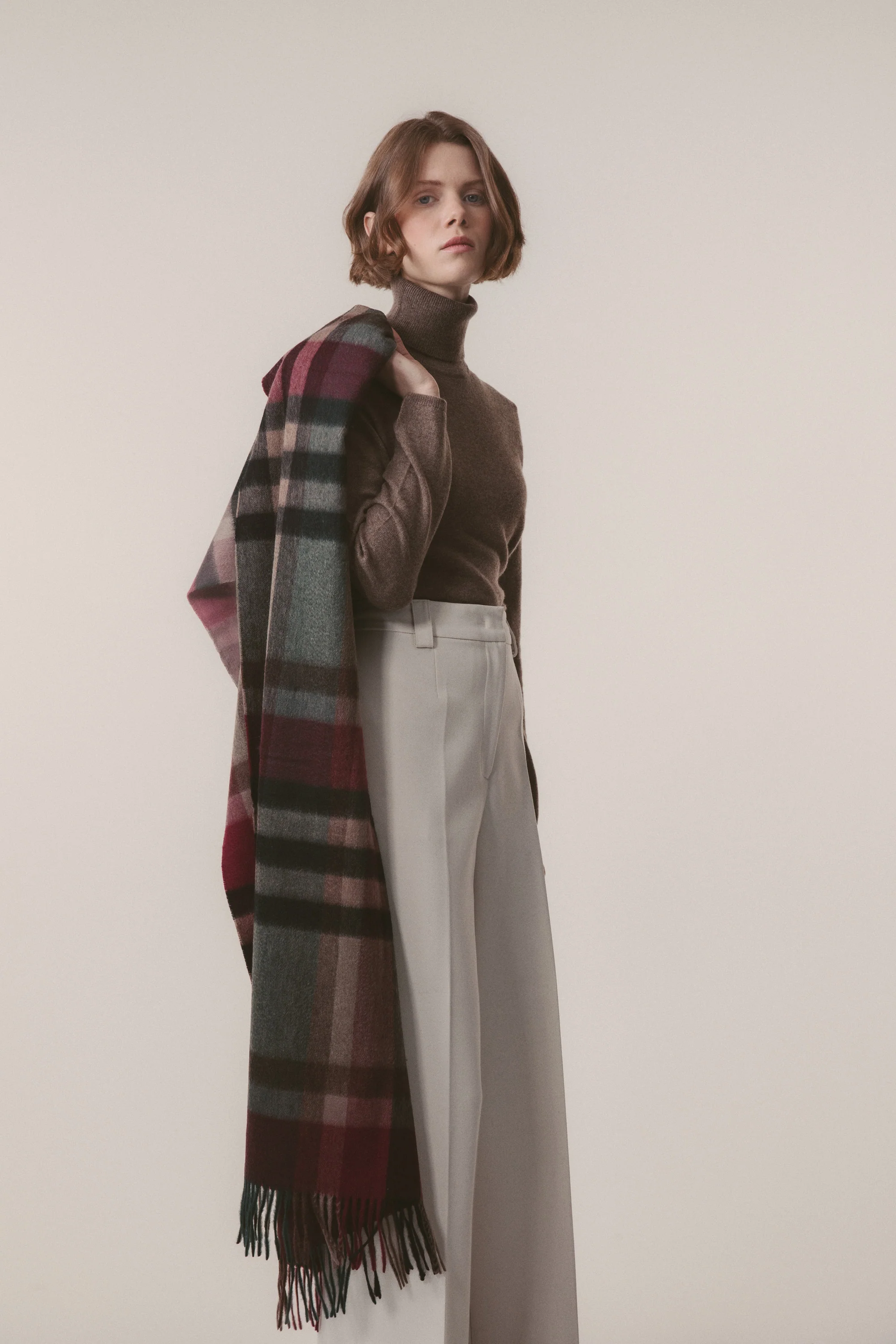 Tartan Cashmere Stole - Burgundy Rust - Image 4