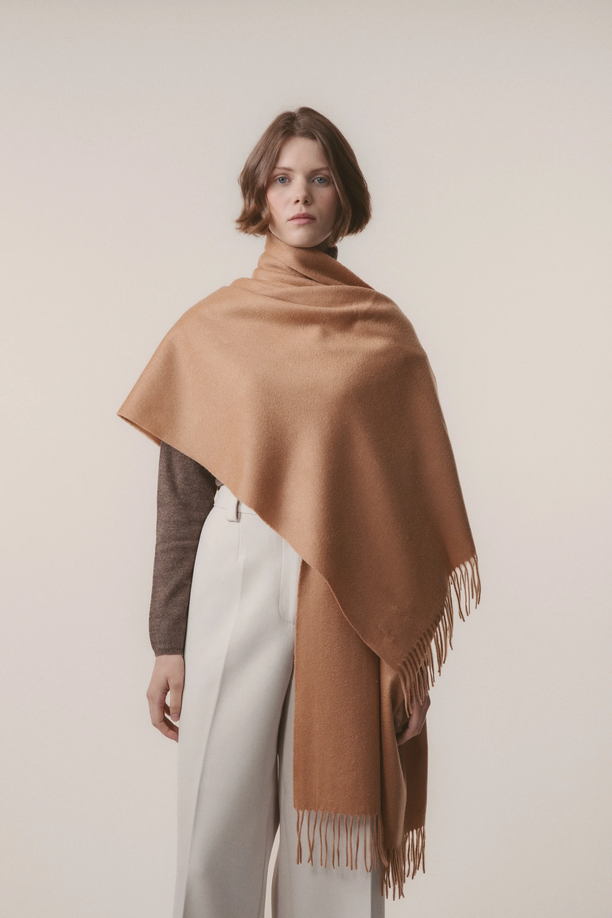 Solid Cashmere Stole - Dark Camel - Image 2