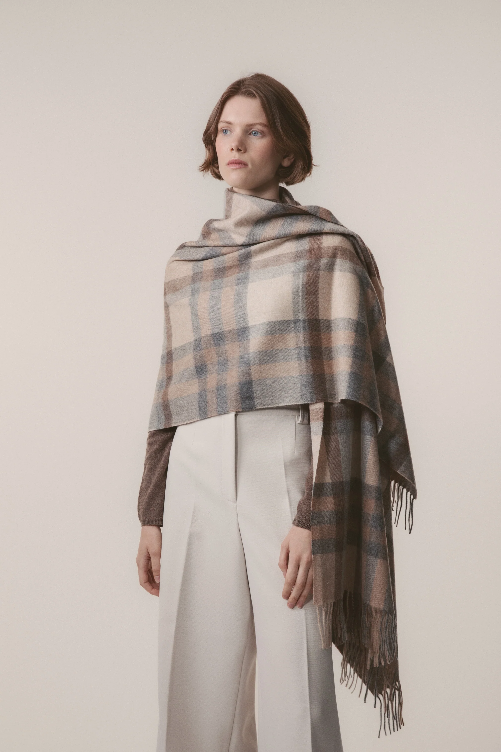 Tartan Cashmere Stole - Natural