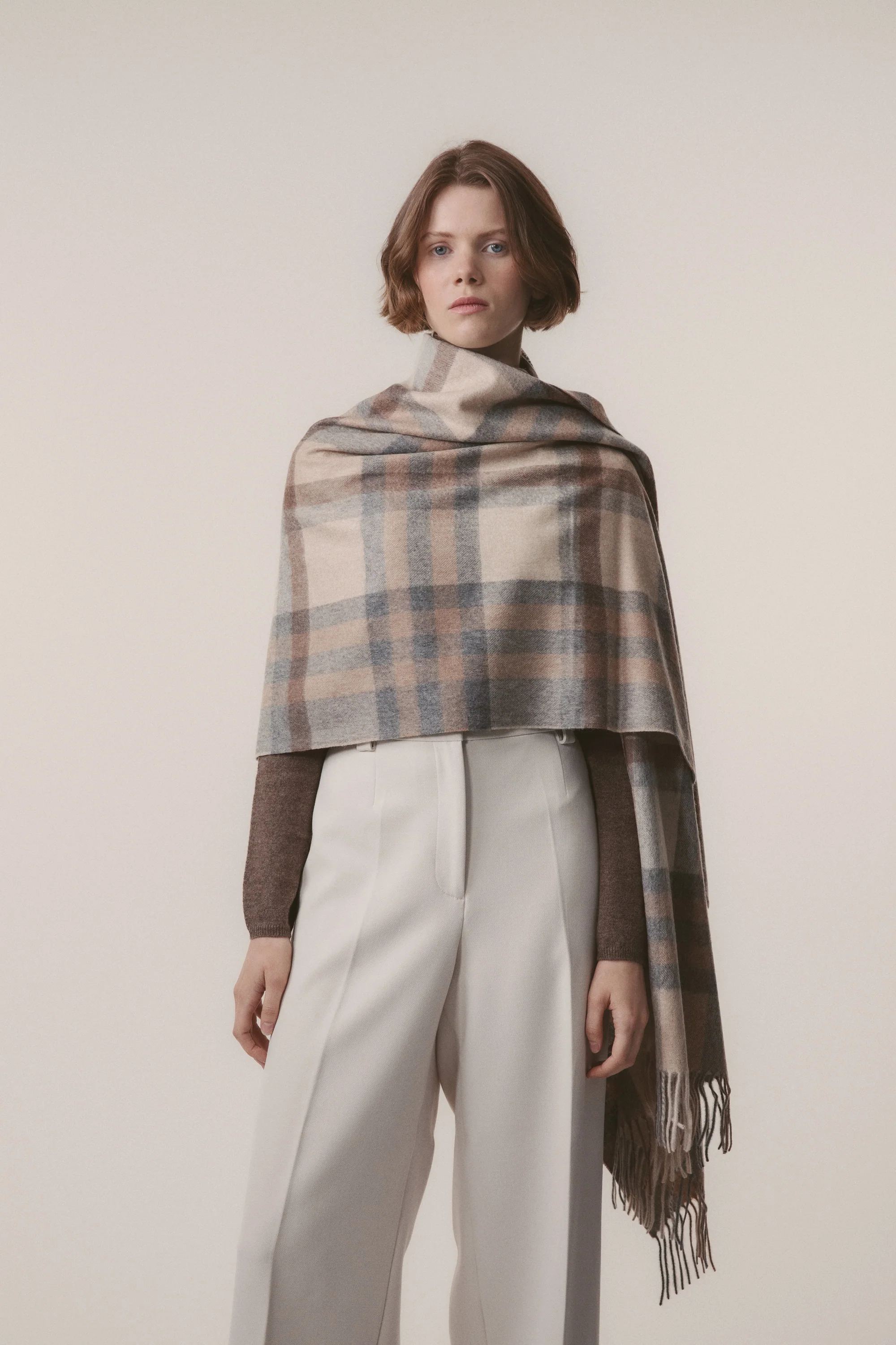 Tartan Cashmere Stole - Natural - Image 3