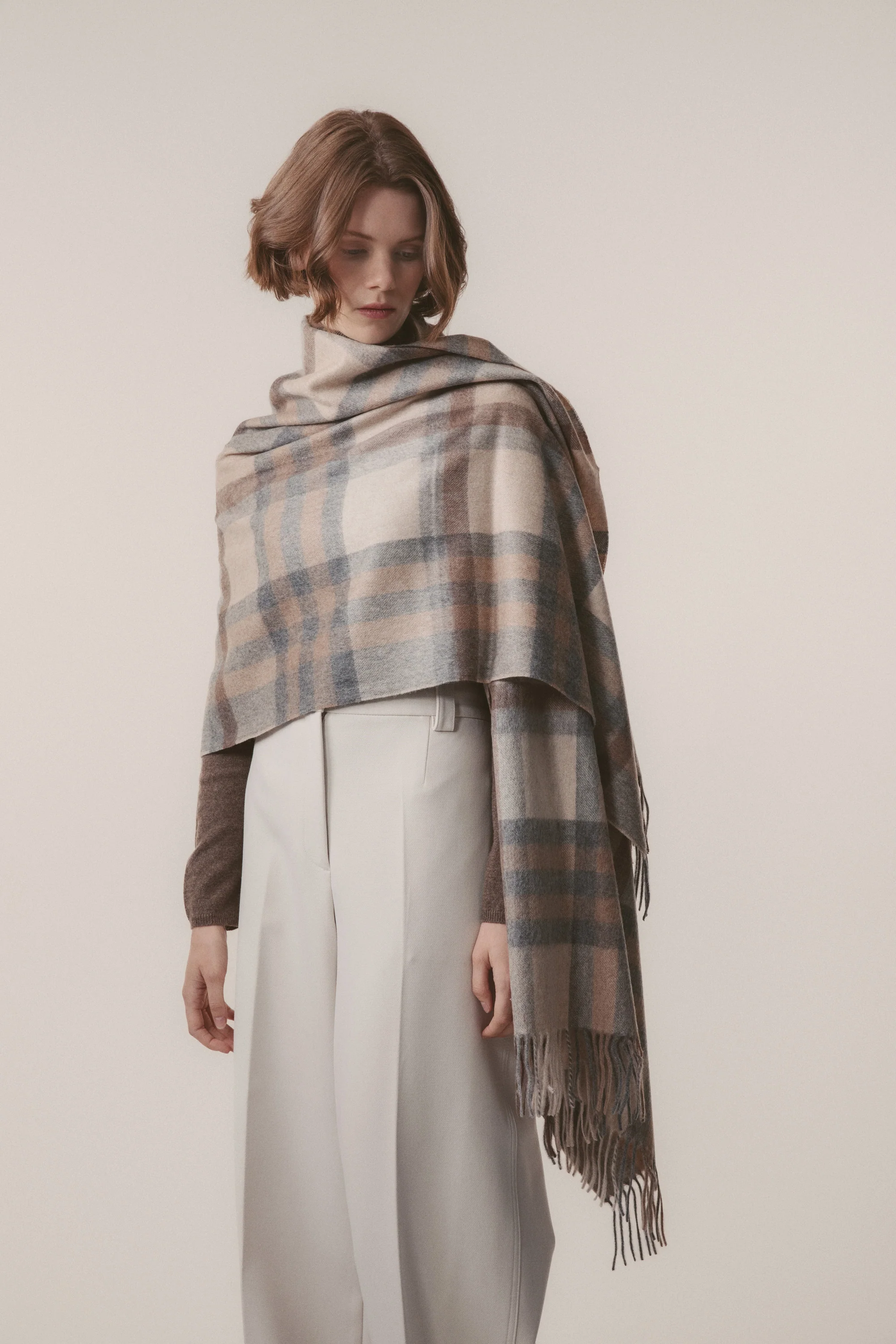 Tartan Cashmere Stole - Natural - Image 4