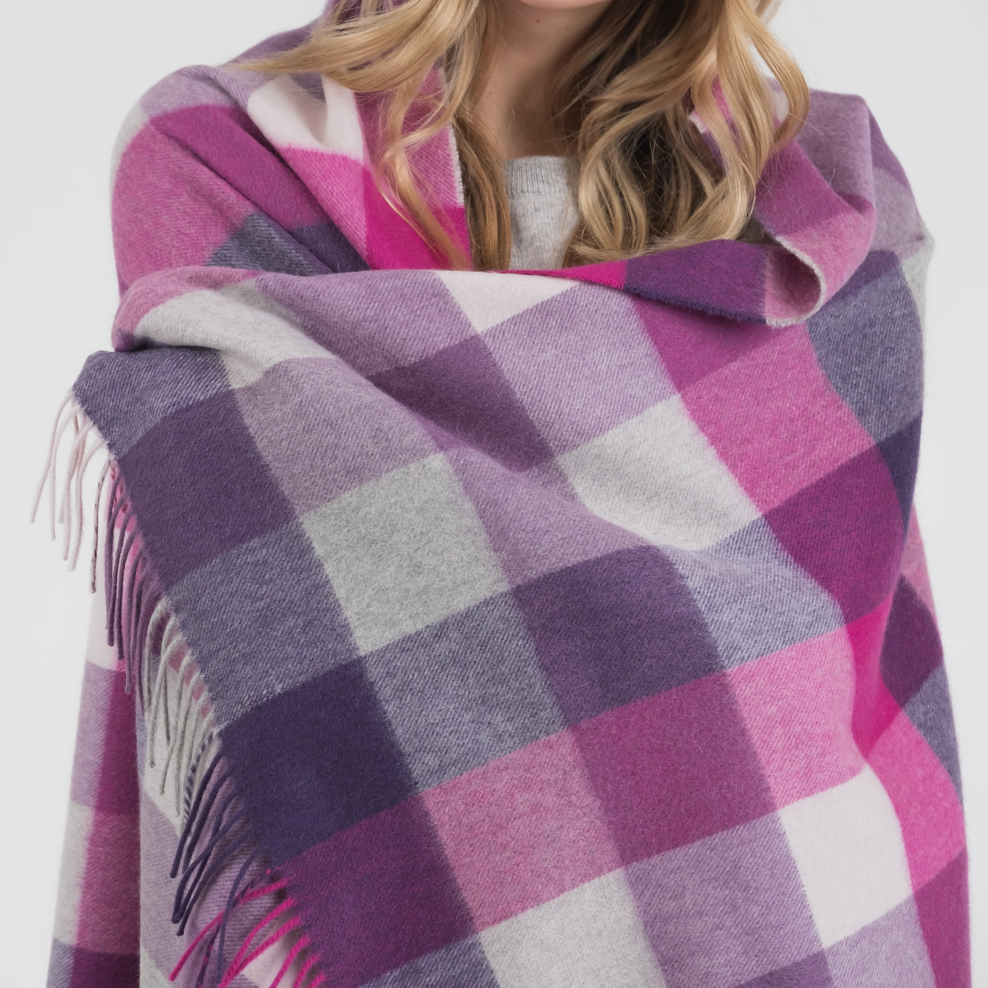 5 Square Check Cashmere Stole - Purple - Image 3