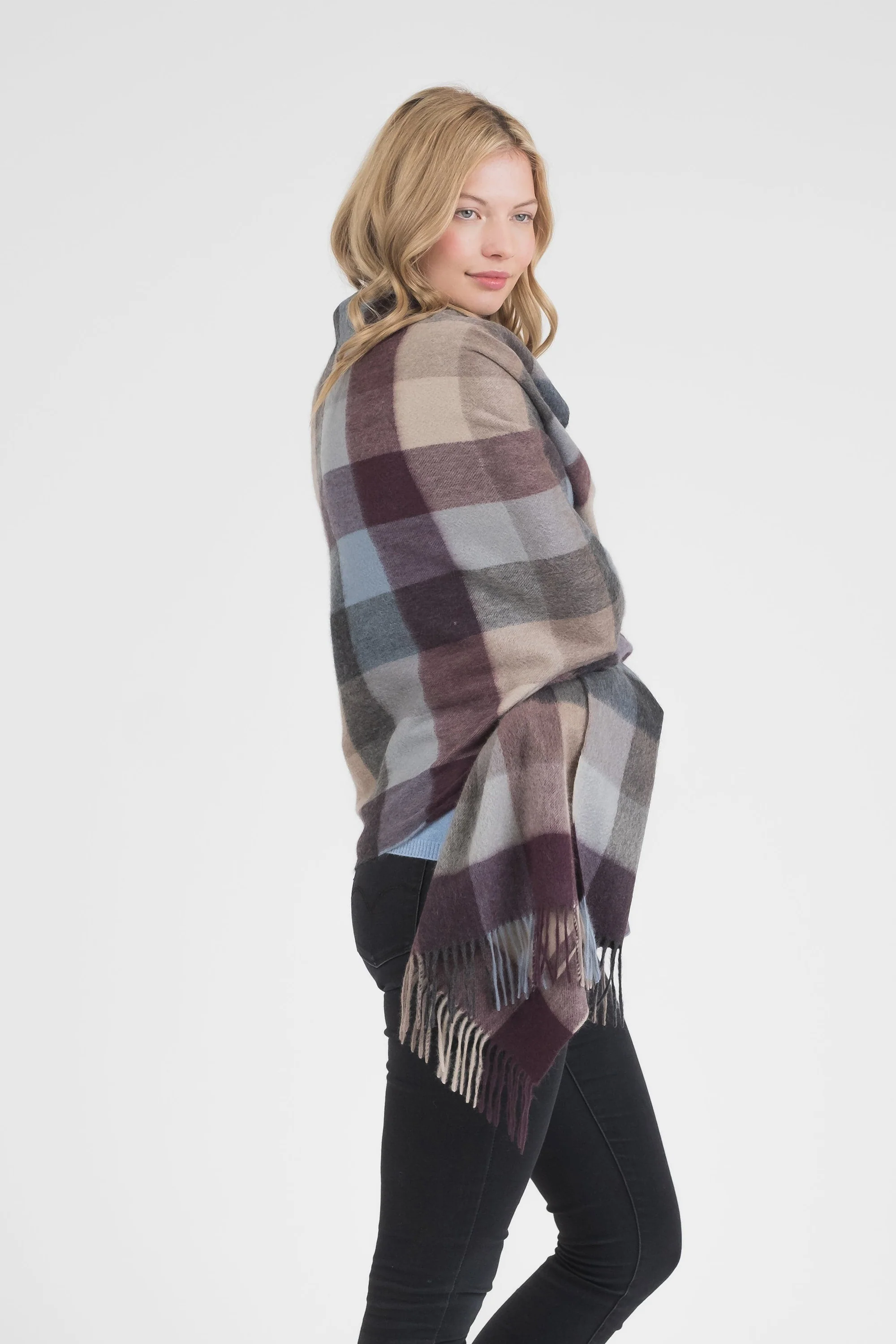 5 Square Check Cashmere Stole - Teal - Image 3