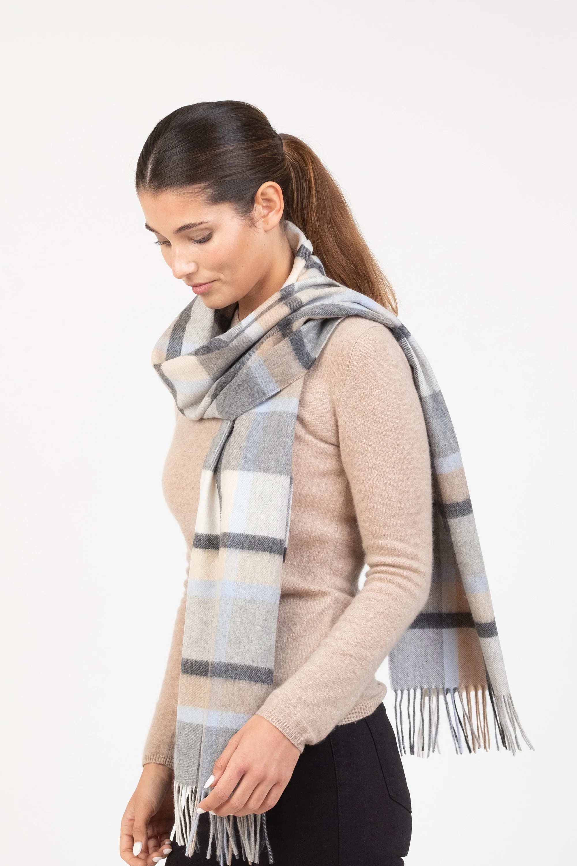 Princeton Check Cashmere Wide Scarf - Blue - Image 2