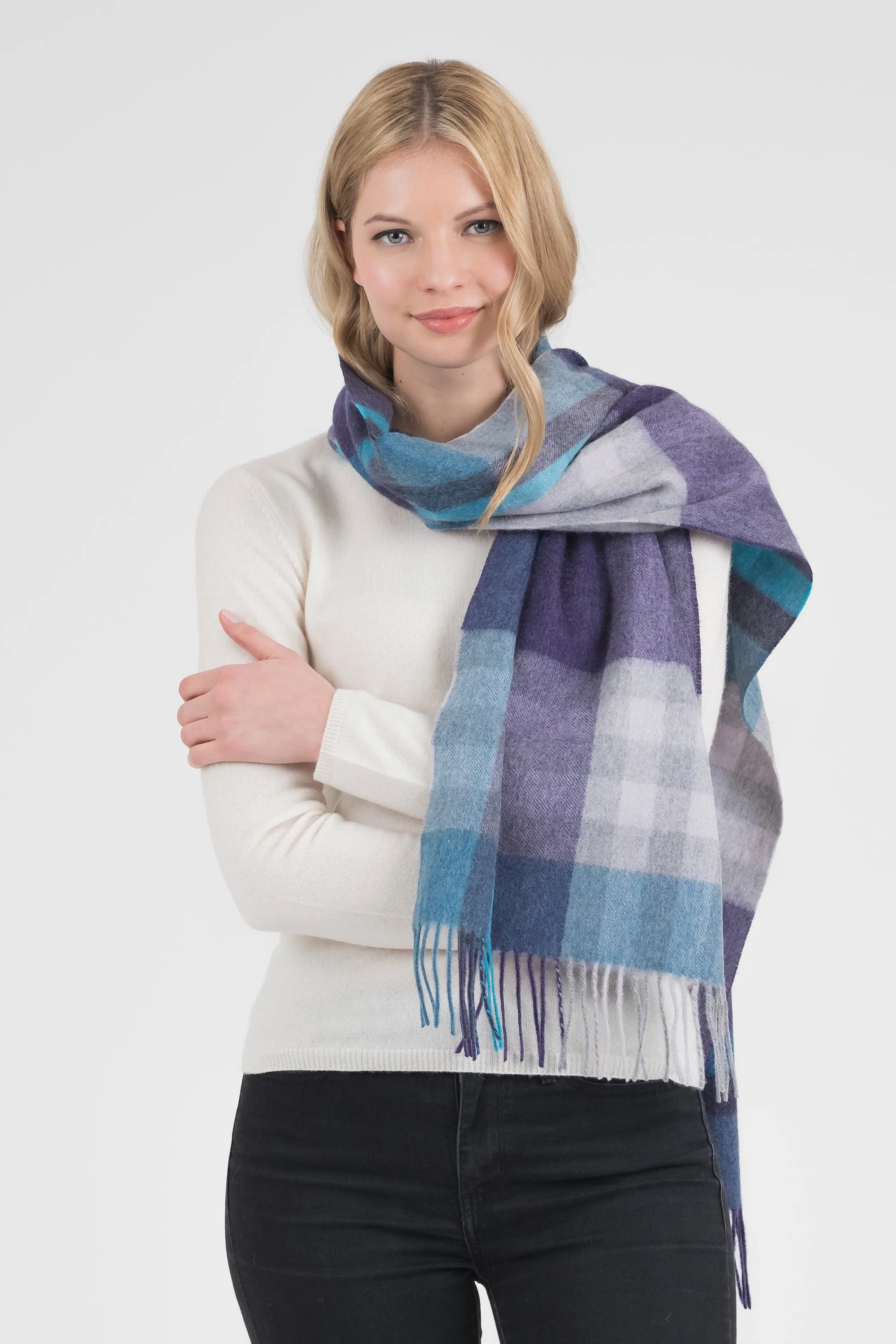 Tartan Cashmere Wide Scarf - Blue