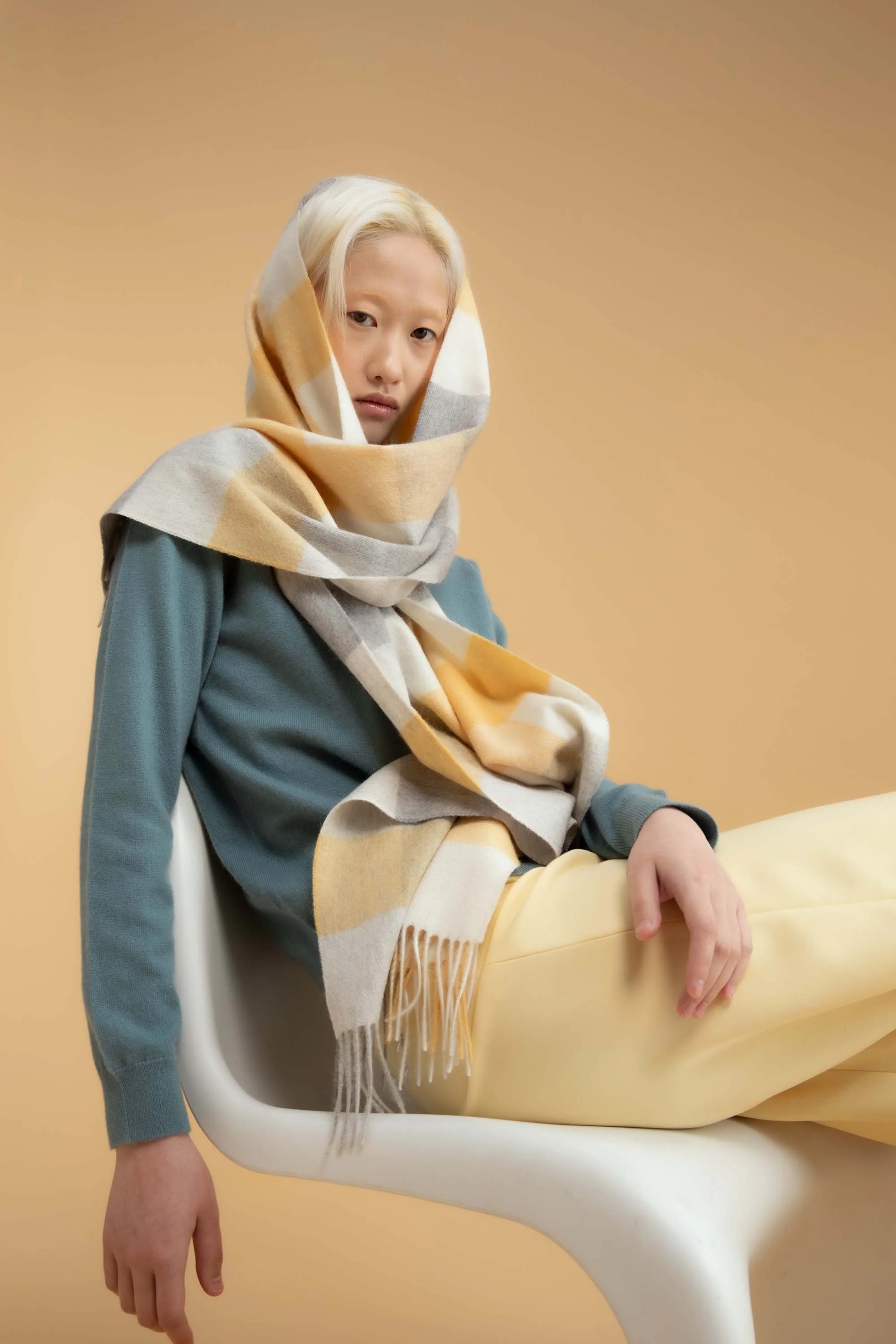 5 Square Check Cashmere Wide Scarf - Butter - Image 2