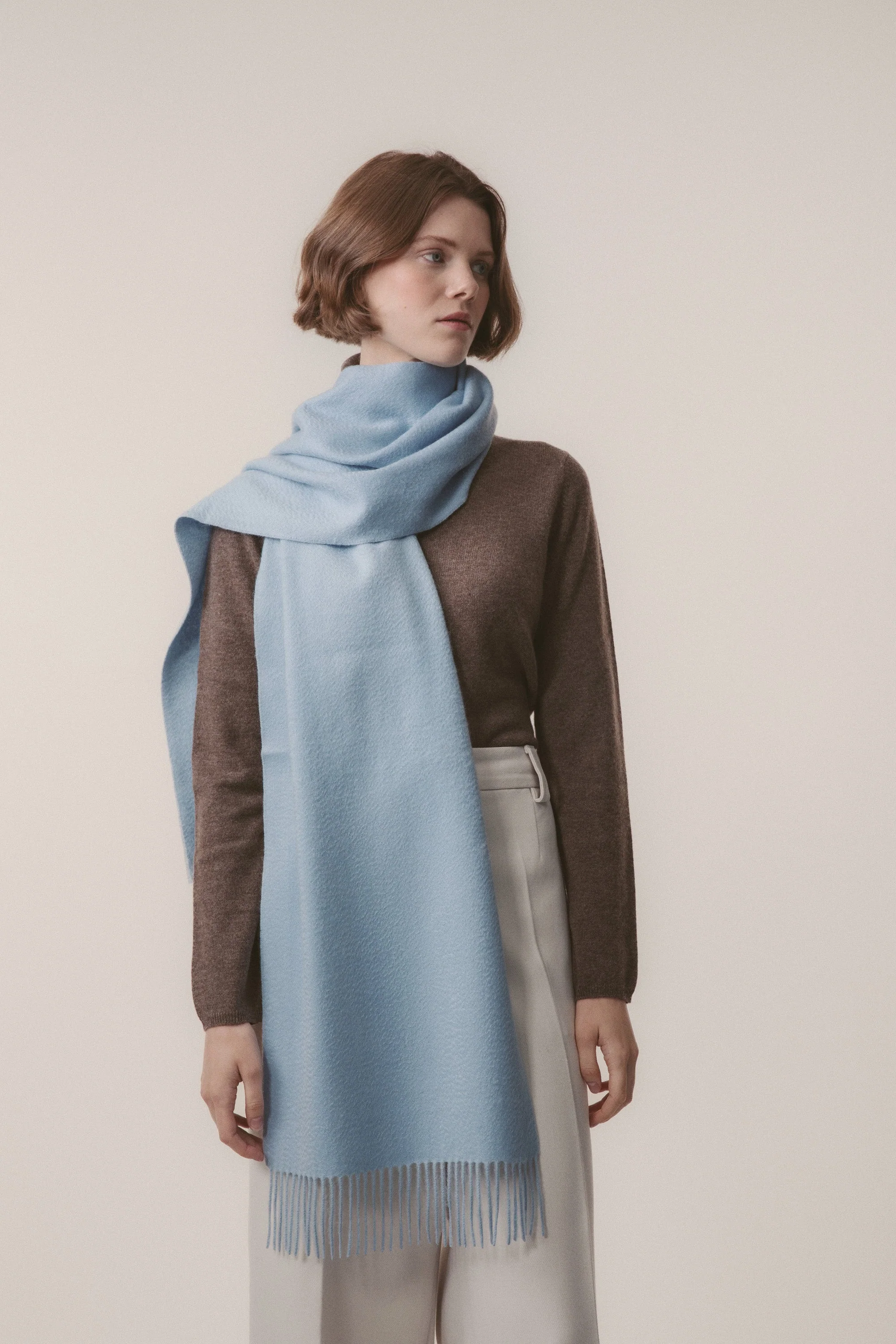 Solid Cashmere Wide Scarf - Blue - Image 6