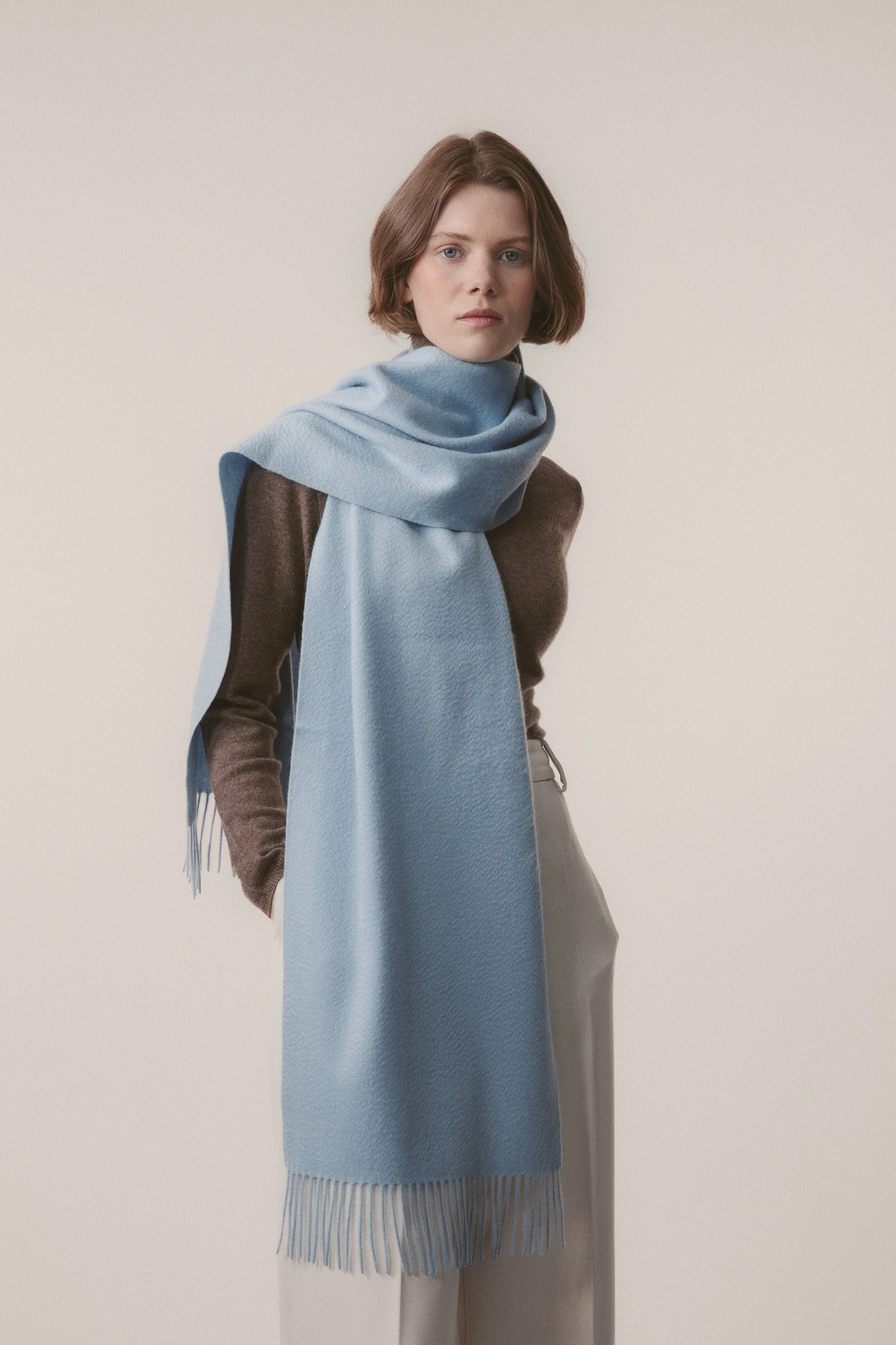 Solid Cashmere Wide Scarf - Blue - Image 7