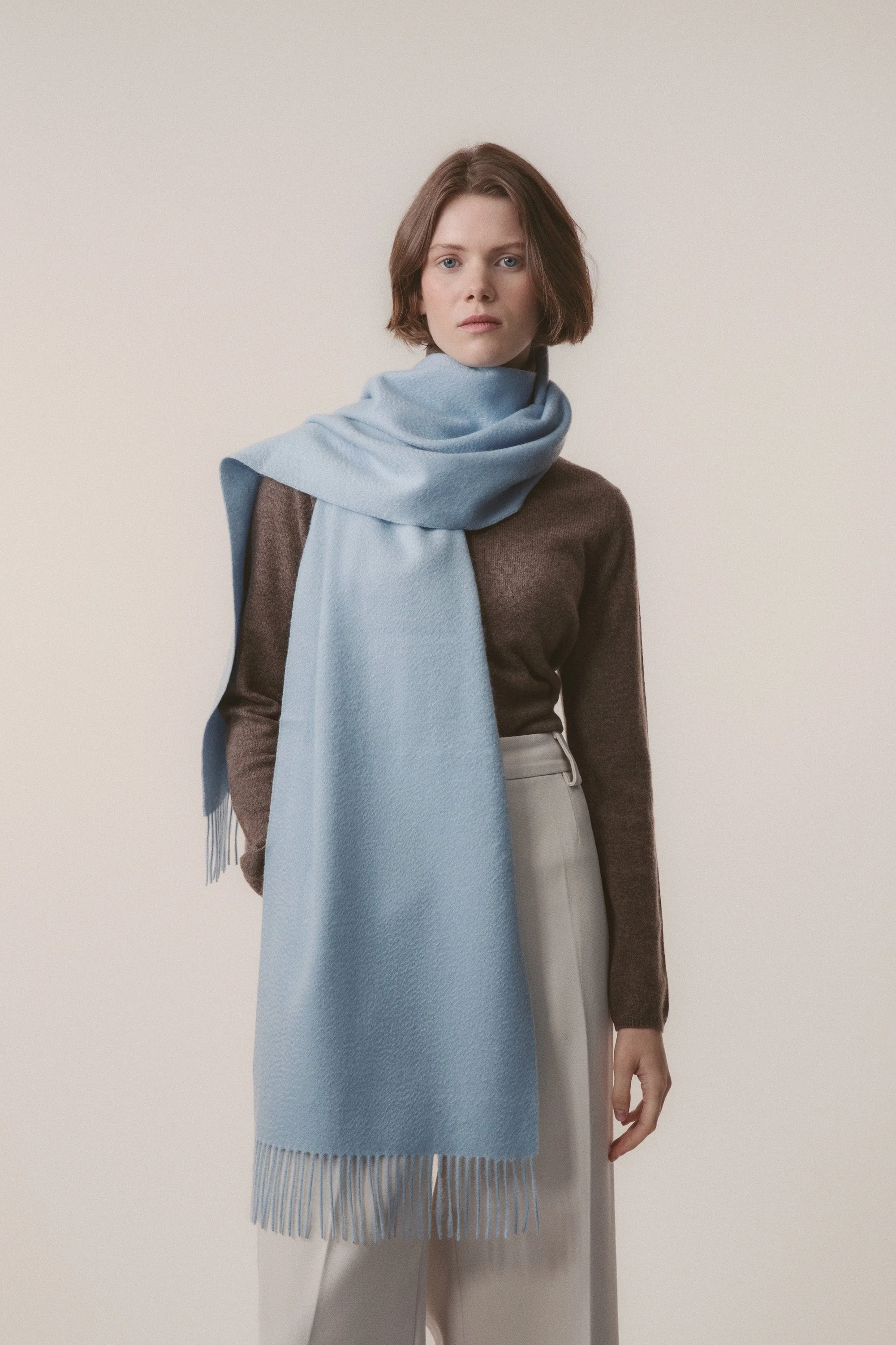 Solid Cashmere Wide Scarf - Blue - Image 8