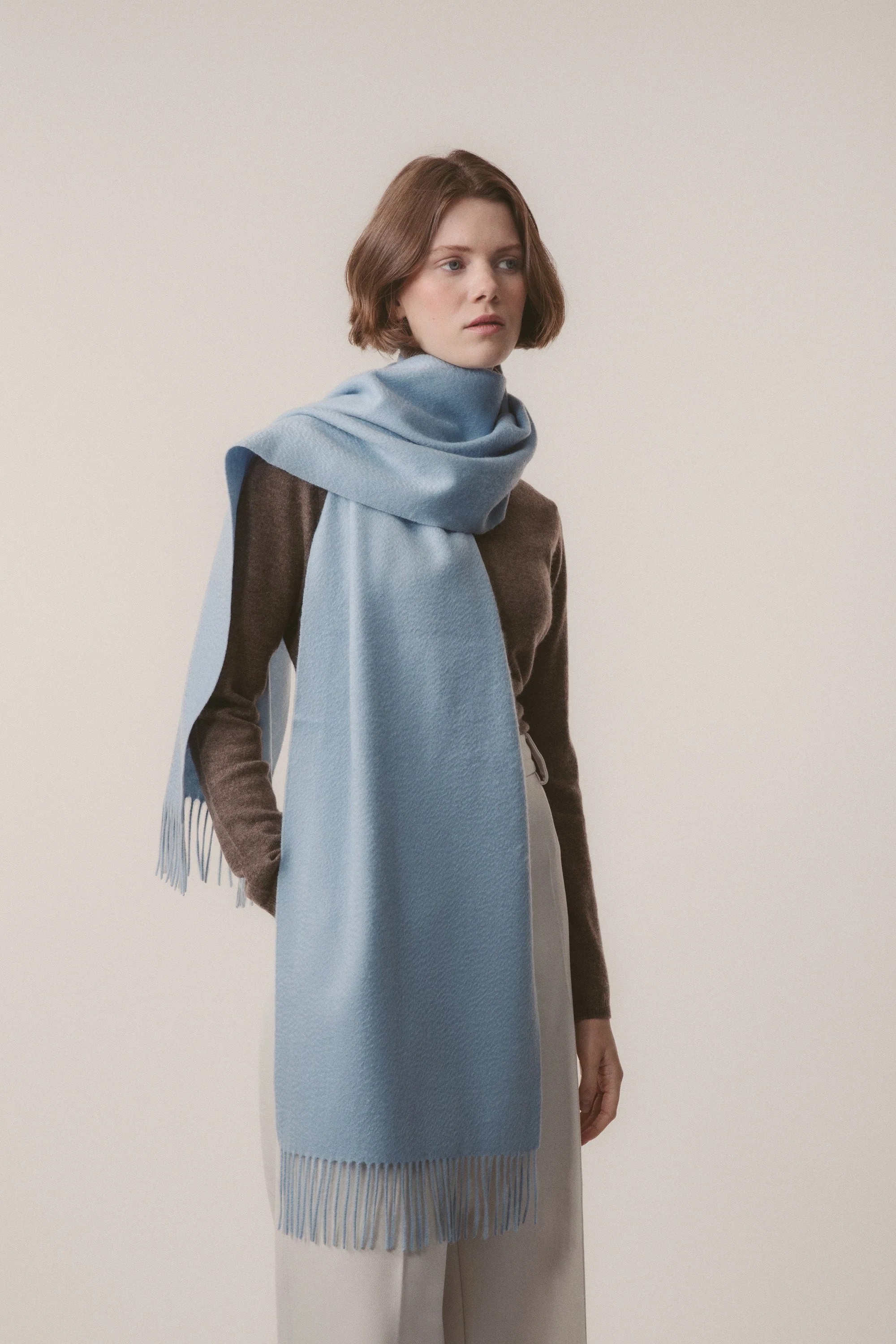 Solid Cashmere Wide Scarf - Blue - Image 9