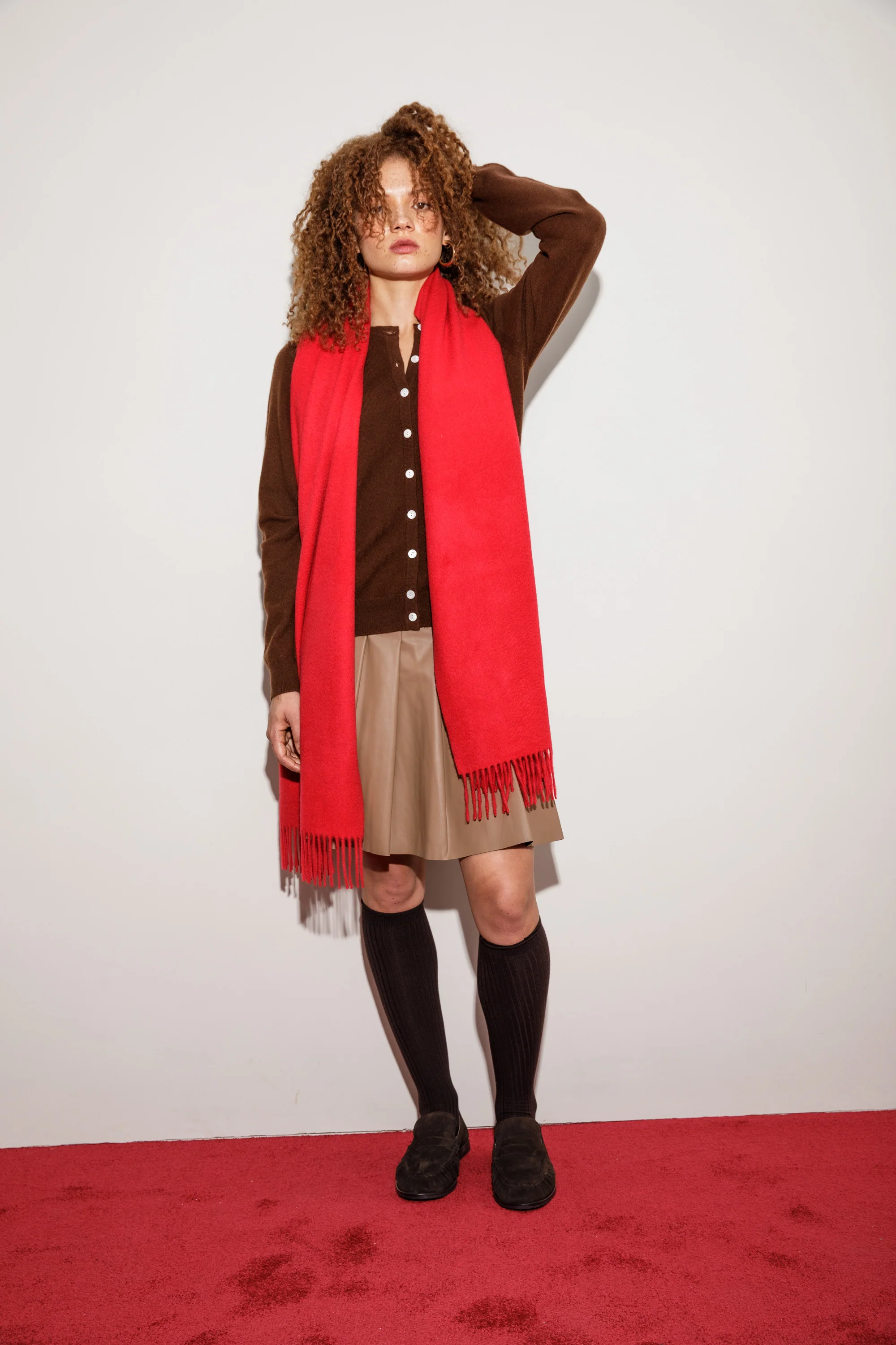 Solid Cashmere Wide Scarf - Red - Image 4