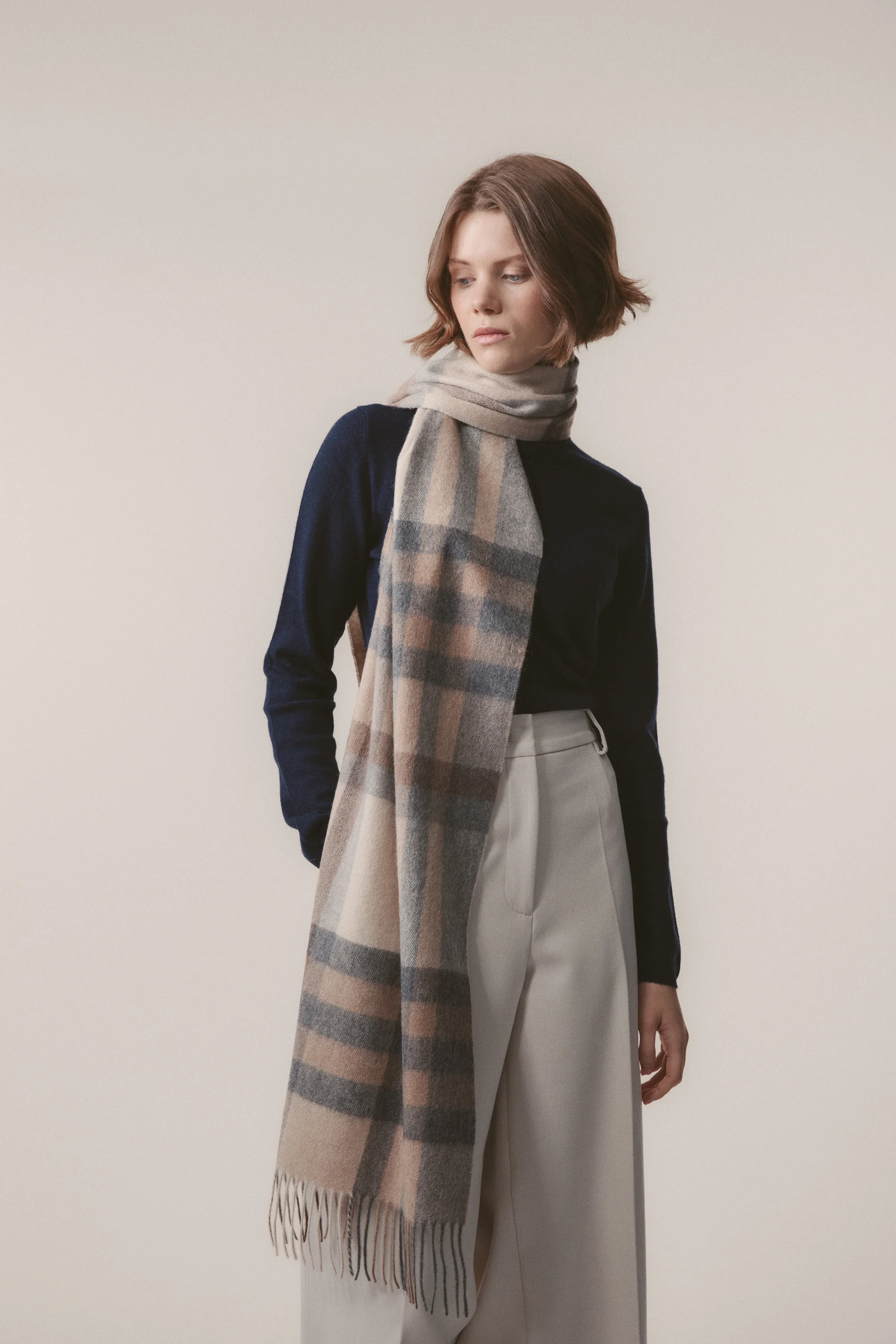 Tartan Cashmere Wide Scarf - Natural