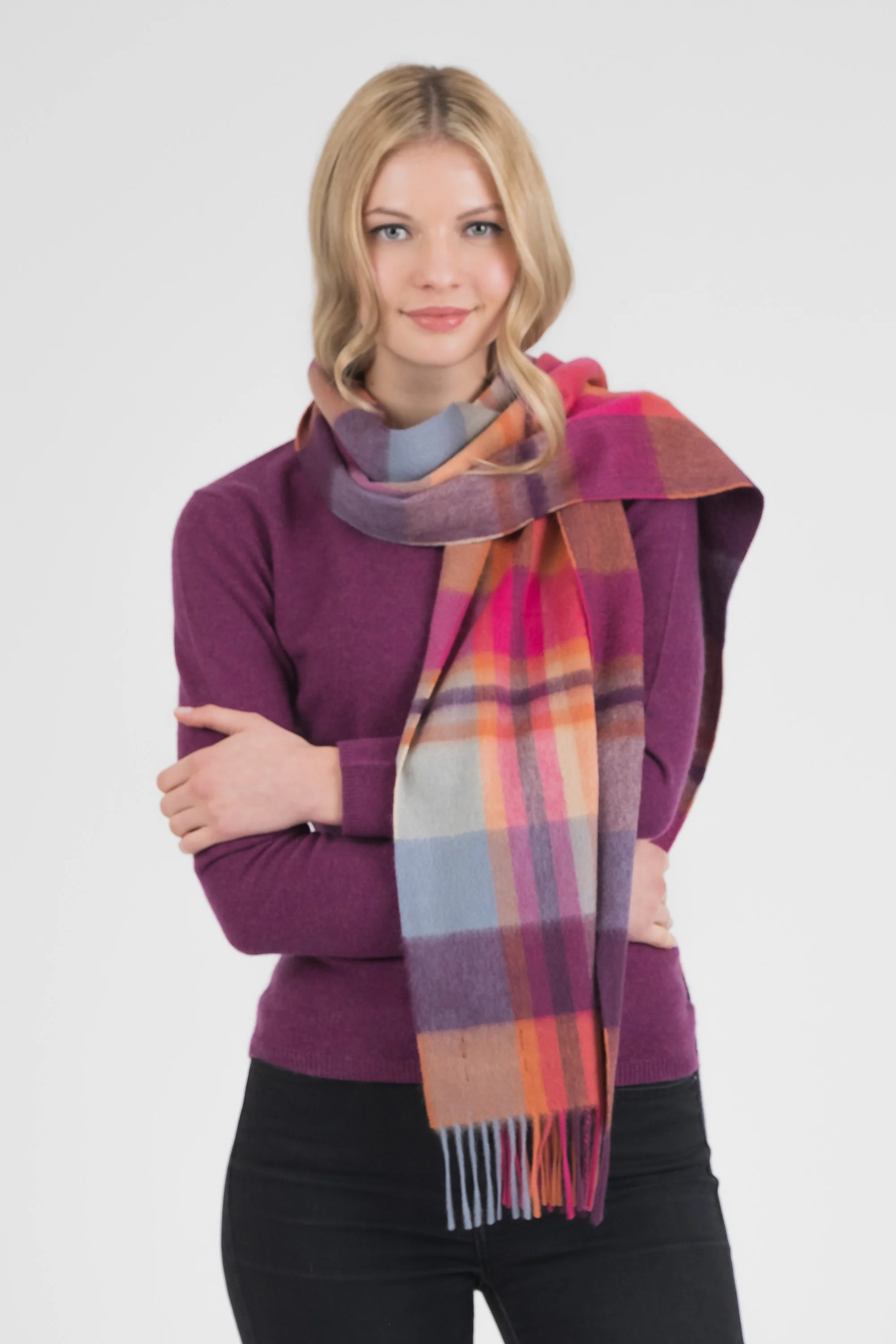 Square Check Cashmere Wide Scarf - Orient Ginger - Image 2