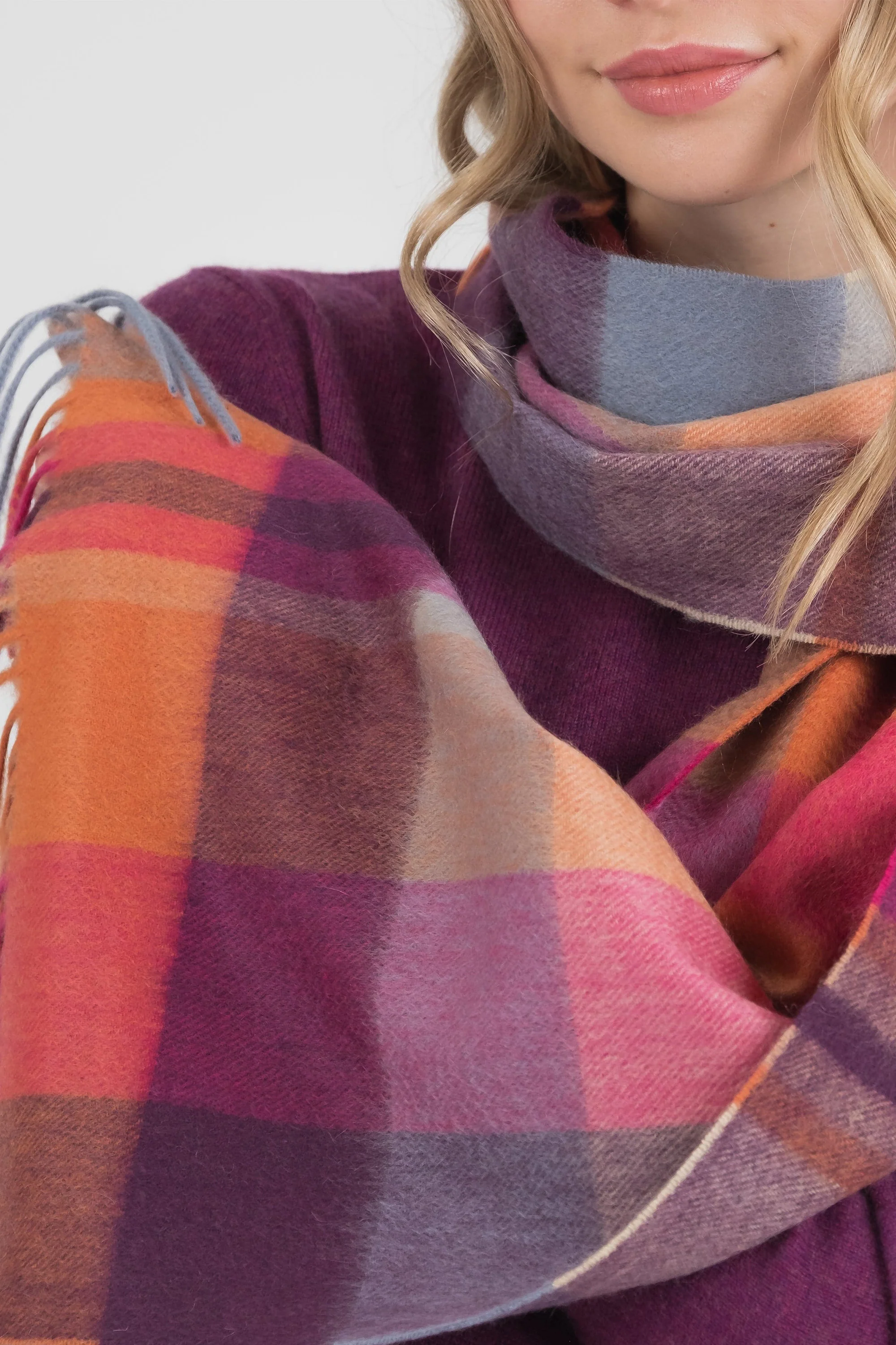 Square Check Cashmere Wide Scarf - Orient Ginger - Image 3