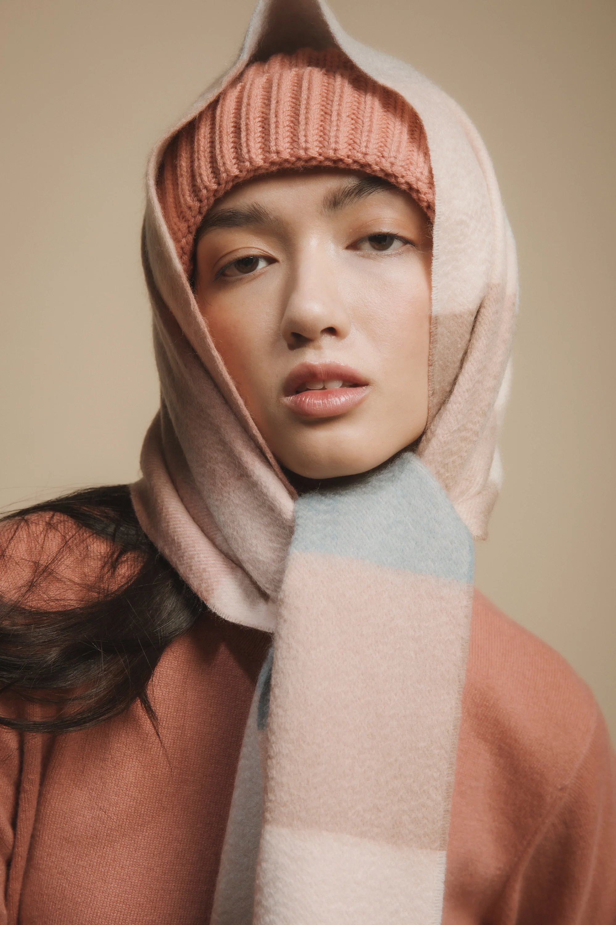 3 Square Check Cashmere Wide Scarf - Seashell - Image 2