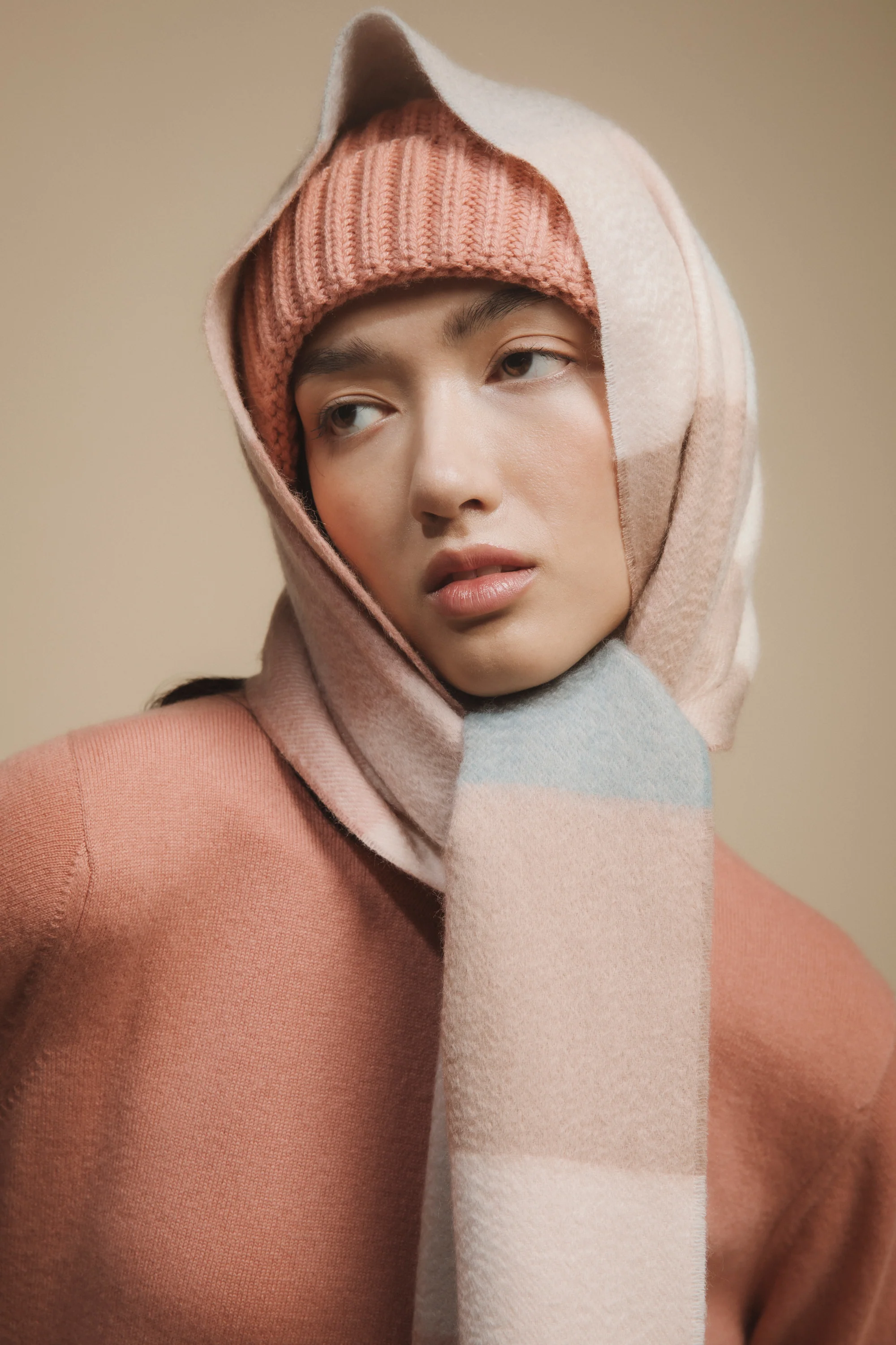 3 Square Check Cashmere Wide Scarf - Seashell - Image 3