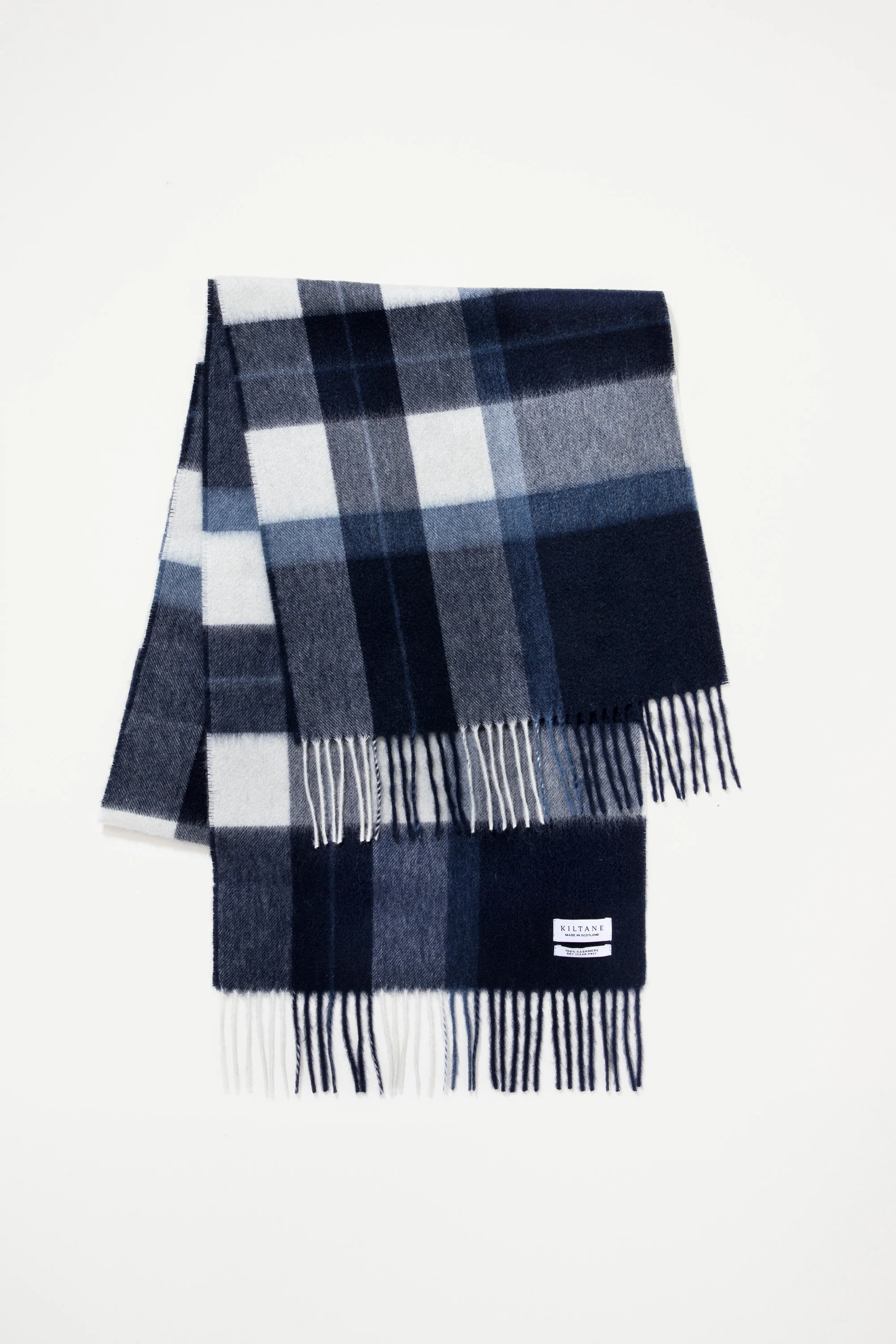 Made in Scotland Contemporary Check Cashmere Wide Scarf - Chatham Navy - Image 2