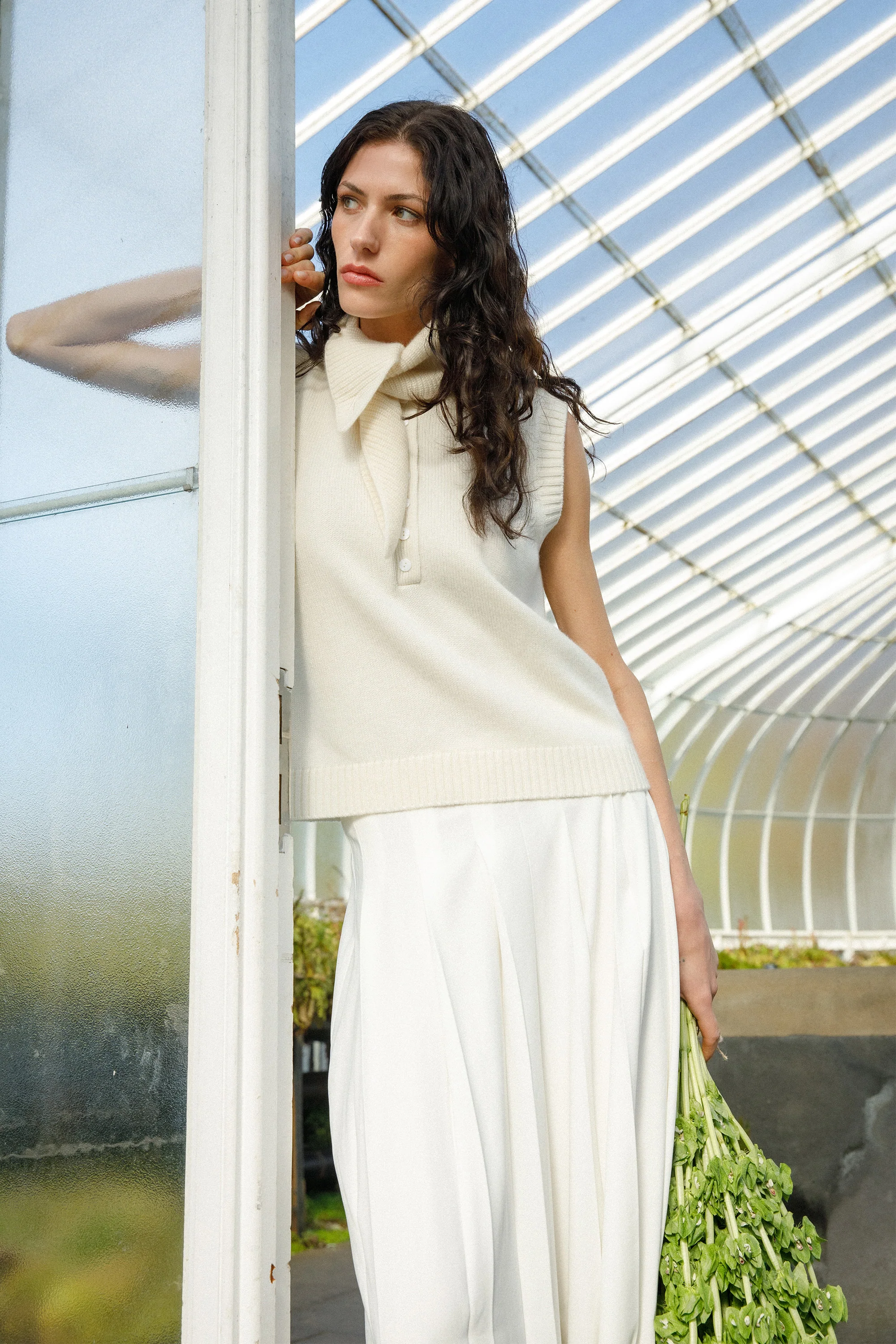 Crew Neck Button Cashmere Vest - Soft White - Image 2