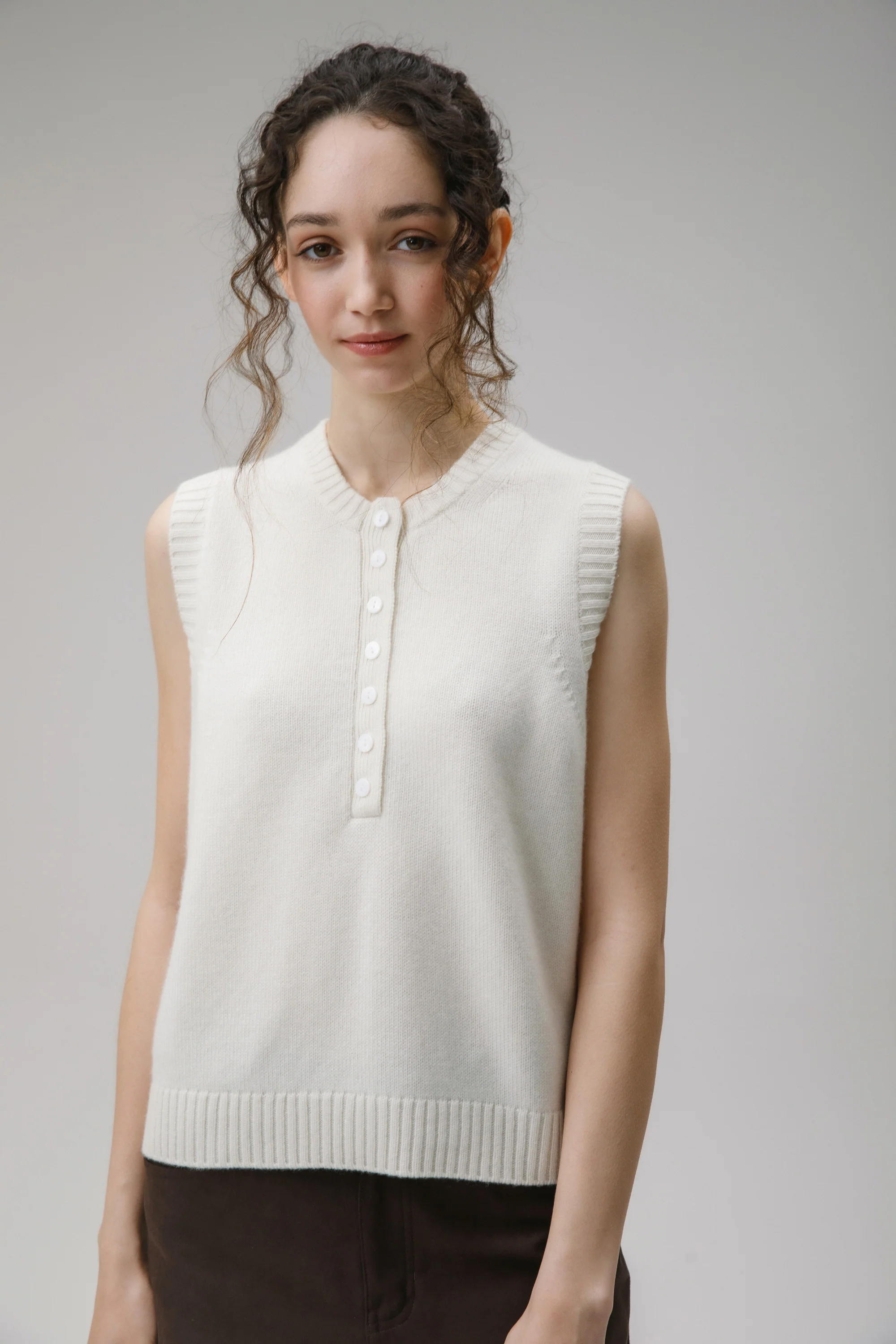 Crew Neck Button Cashmere Vest - Soft White - Image 3
