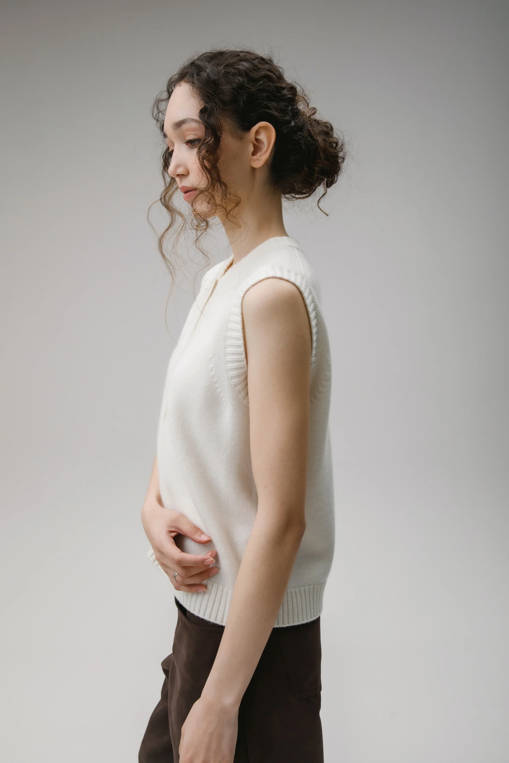 Crew Neck Button Cashmere Vest - Soft White - Image 6