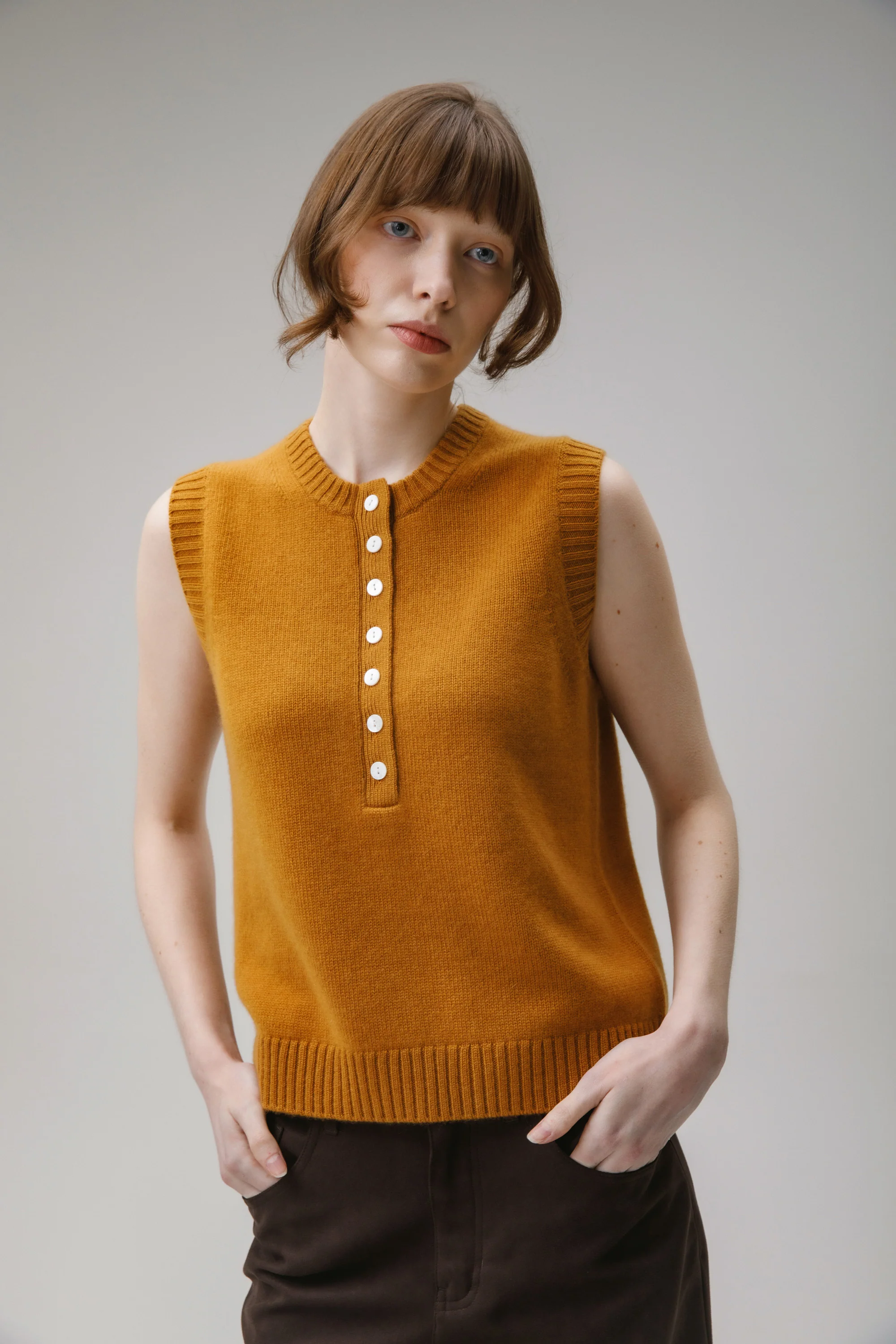 Crew Neck Cashmere Button Vest - Amber Haze - Image 2