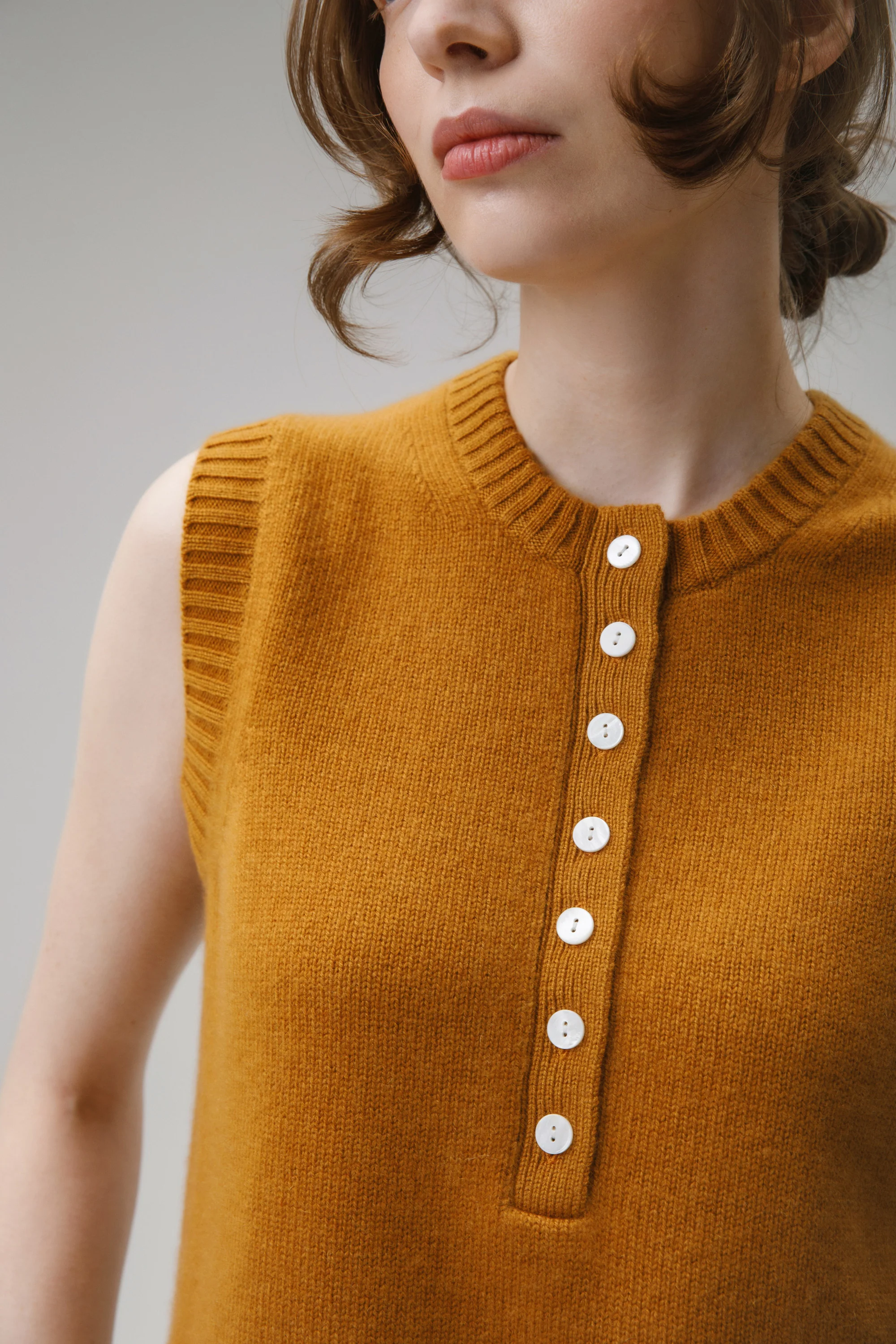 Crew Neck Cashmere Button Vest - Amber Haze - Image 4