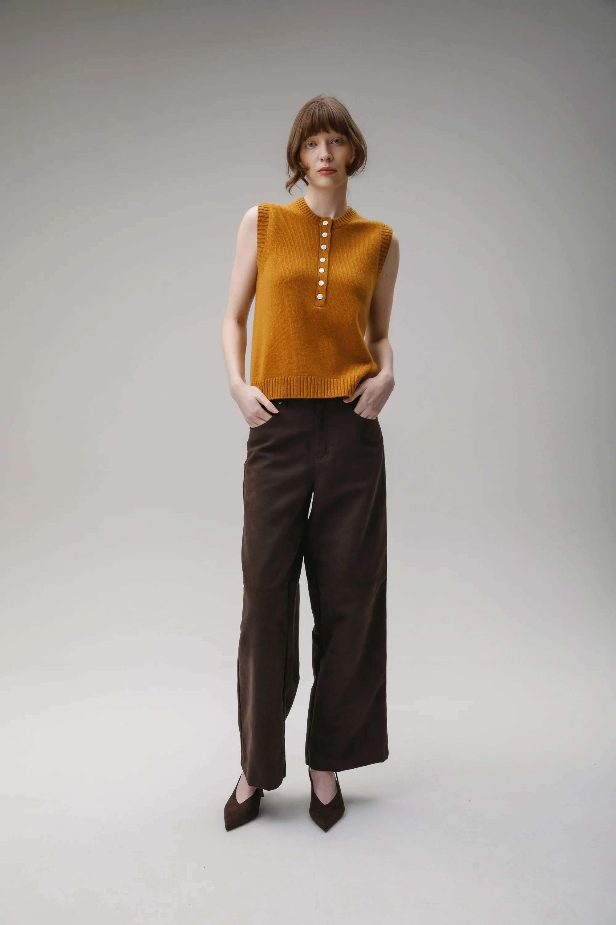 Crew Neck Cashmere Button Vest - Amber Haze - Image 6
